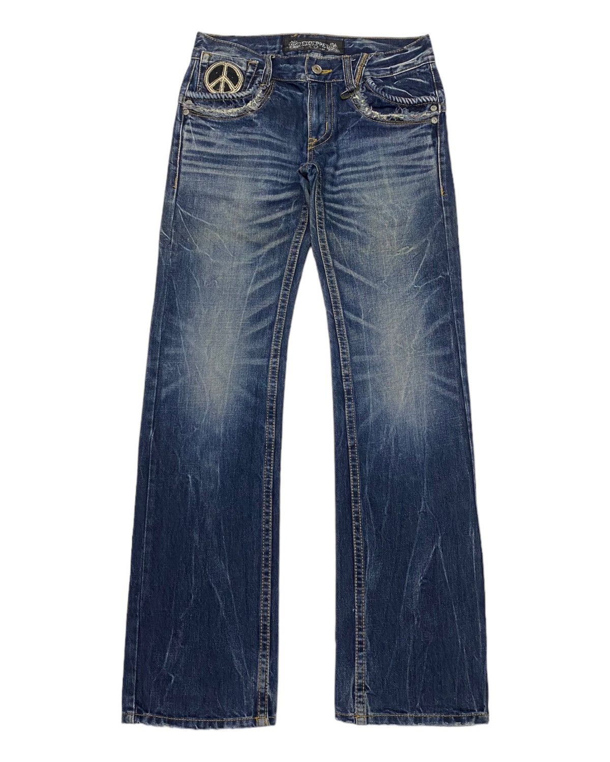 If Six Was Nine 🔥GRAIL 🇯🇵 RED PEPPER "PEACE" DISTRESSED DENIM JEANS Size US 32 / EU 48 - 2 Thumbnail