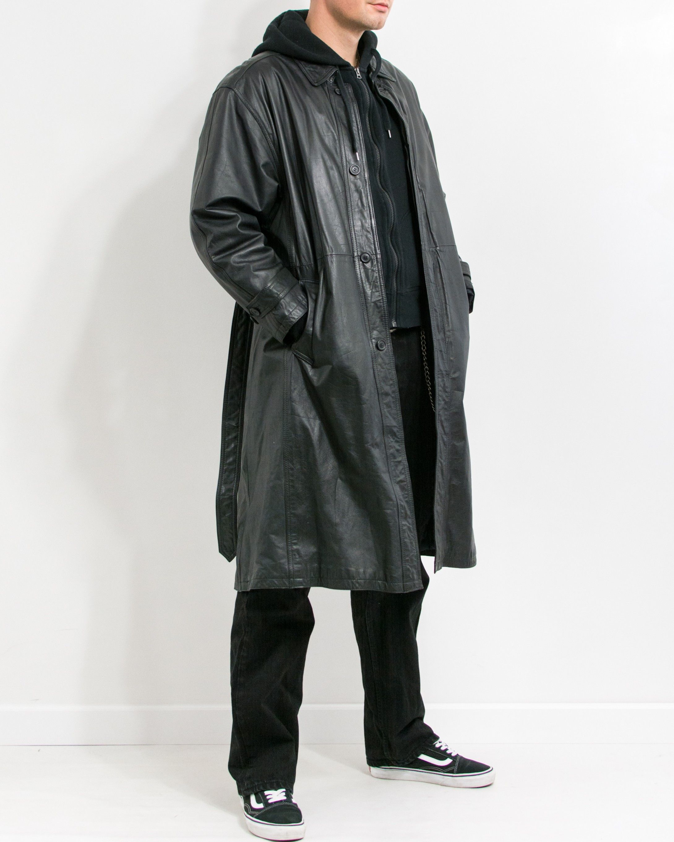 Genuine Leather × Vintage Vintage 90s Black Leather Trench Coat Men’s Size L Size US L / EU 52-54 / 3 - 4 Thumbnail