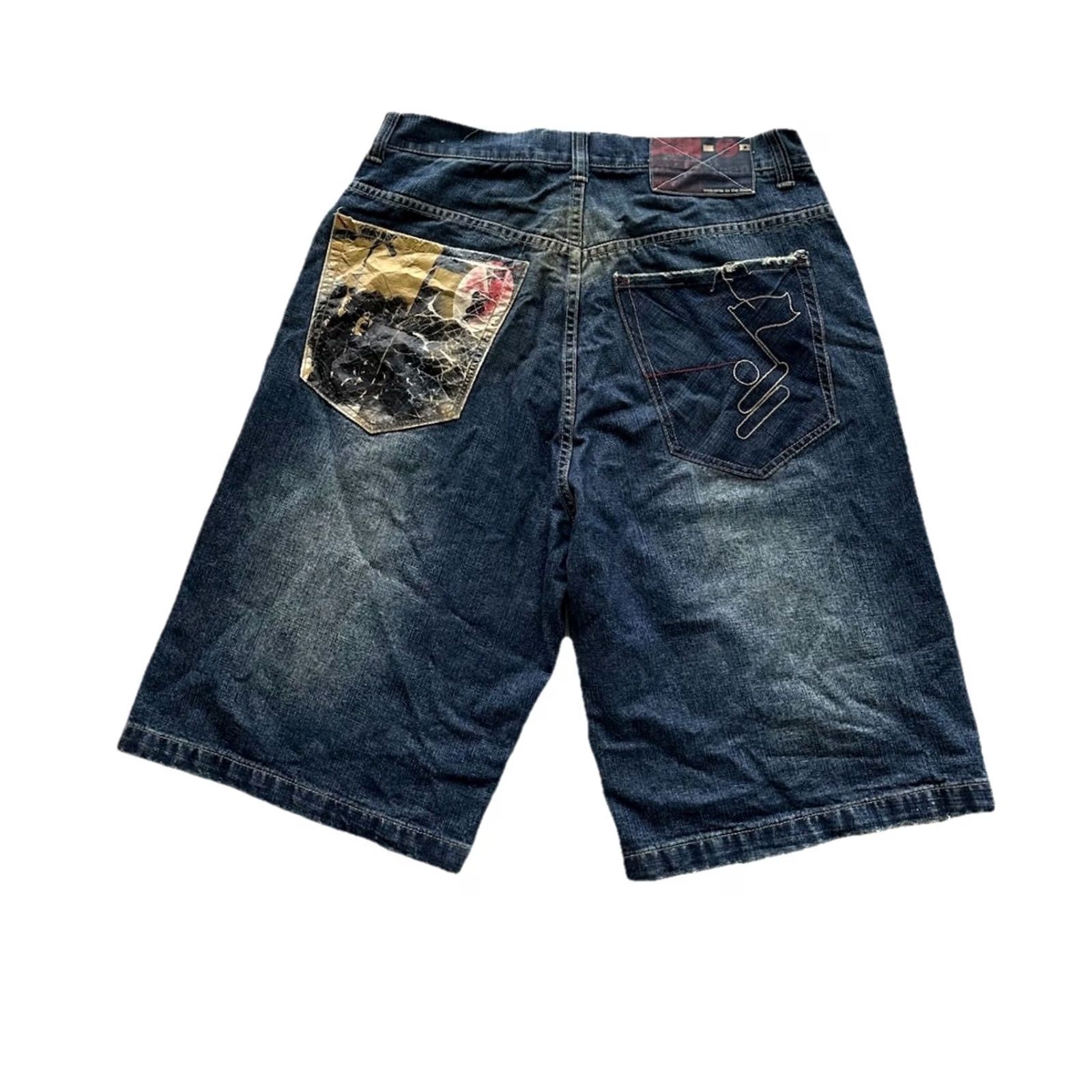 Denime VINTAGE ARME Welcome to the Hood Denim Shorts Graphics Mens 36 Baggy 90s Hip Hop Adjustable Inseam 13" Distressed Capas? Size US 36 / EU 52 - 2 Thumbnail