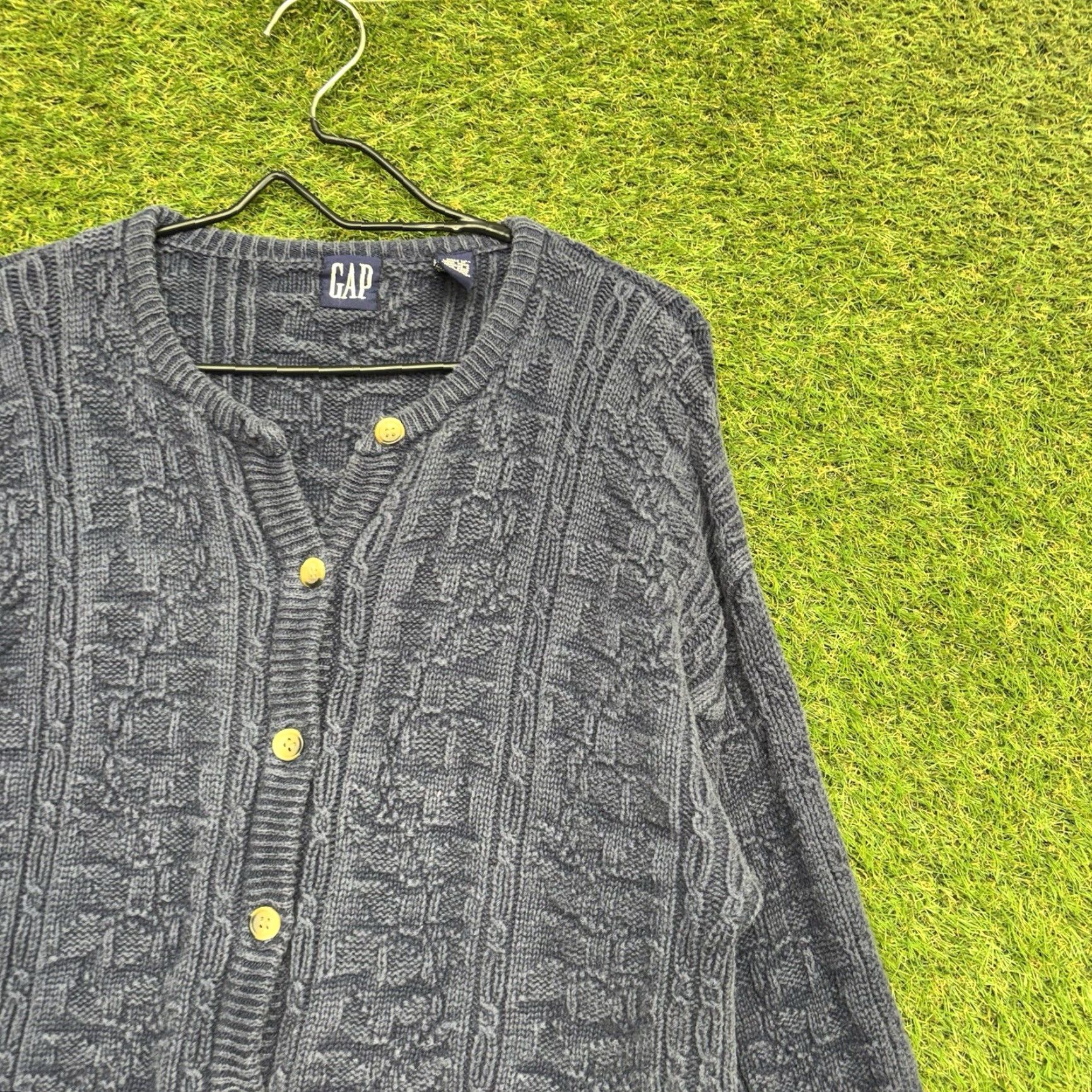 Vintage L.L. Bean Cable Knit Cardigan Sweater Womens Large Navy Blue Cotton Cable-Knit Button Front Cardigan, Regular Fit, Fall Winter | Womens Size L / US 10 / IT 46 - 2 Thumbnail