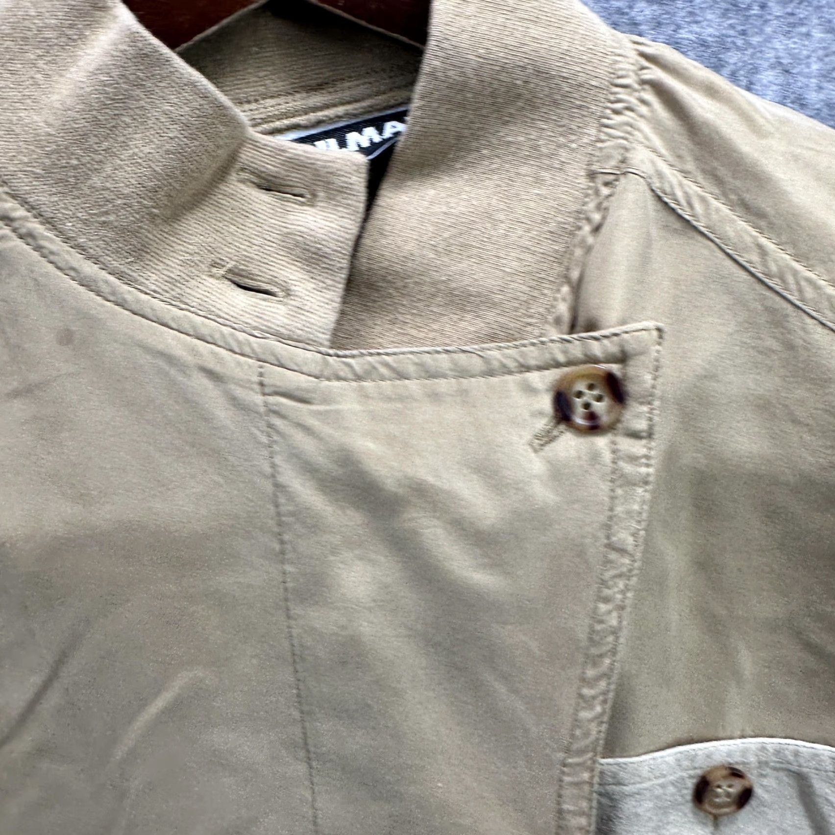 Vintage Diane Gilman Shirt Womens Petite Khaki Band Collar Long Sleeve Asymmetric Pocket L Beige Mock Neck Button-Up Size L / US 10 / IT 46 - 7 Thumbnail