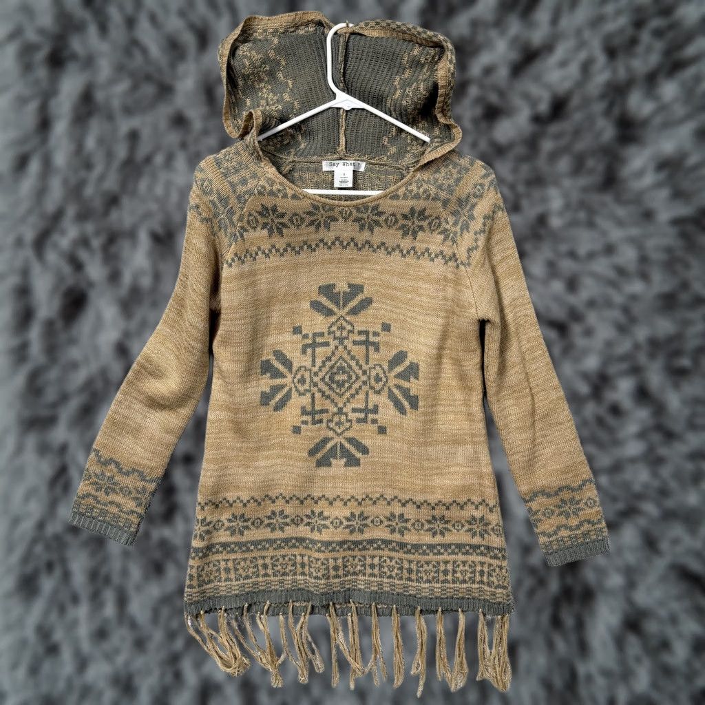 Vintage Say What Tunic Sweater Womens S Tan Knit Hoodie Fringe Aztec Print Boho Festival Size S / US 4 / IT 40 - 1 Thumbnail