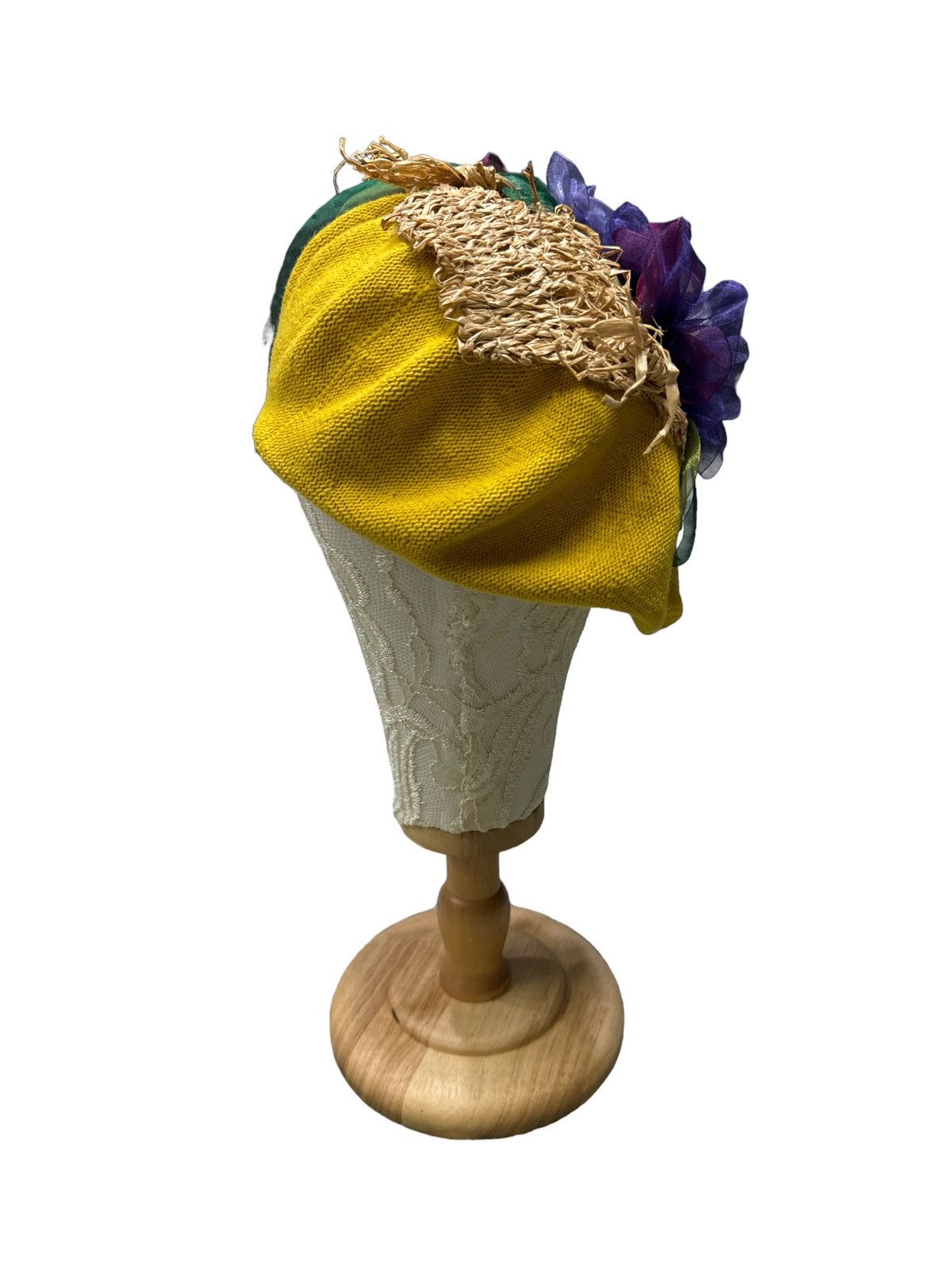 CA4LA CA4LA MUSTARD KNIT BERET ORGANZA FLORAL WHIMSIGOTH HAT Size ONE SIZE - 3 Thumbnail