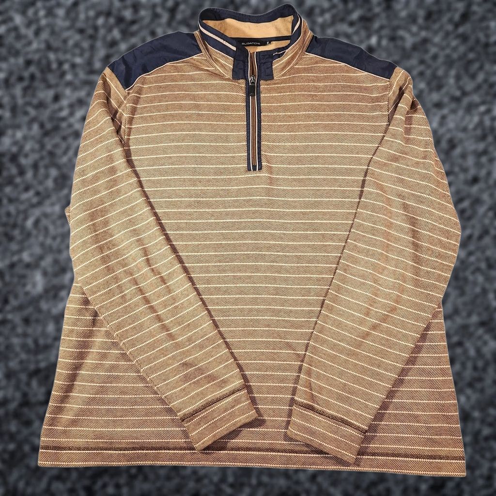 BUGATCHI VINTAGE Bugatchi Sweater Mens 2XL Brown Navy Striped PullOver Mock Neck 1/4 Zip Knit Cotton Wool Pullover Shirt Size US XXL / EU 58 / 5 - 1 Thumbnail