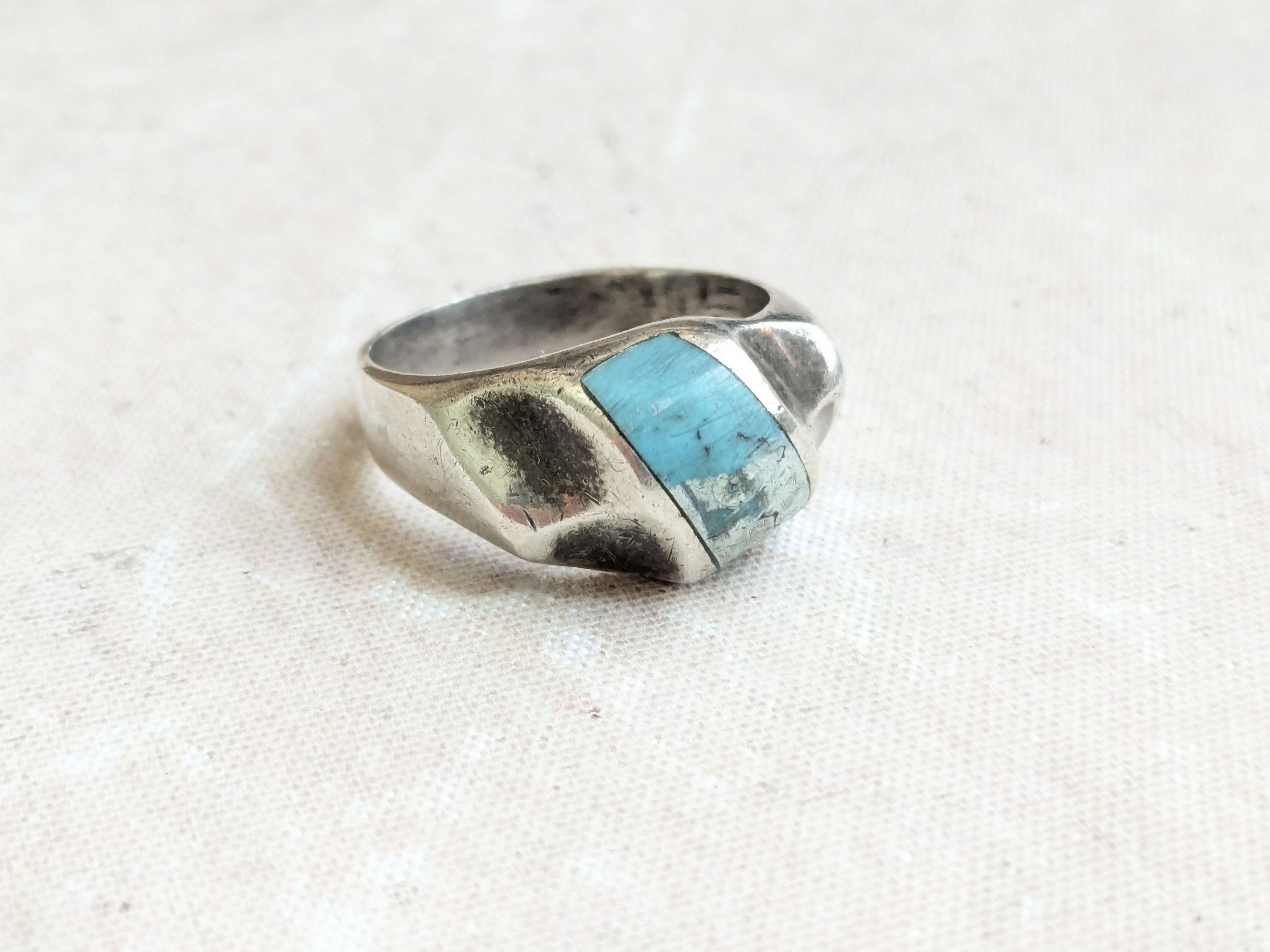 Vintage Sterling Silver Ring Turquoise Taxco Inlay 12