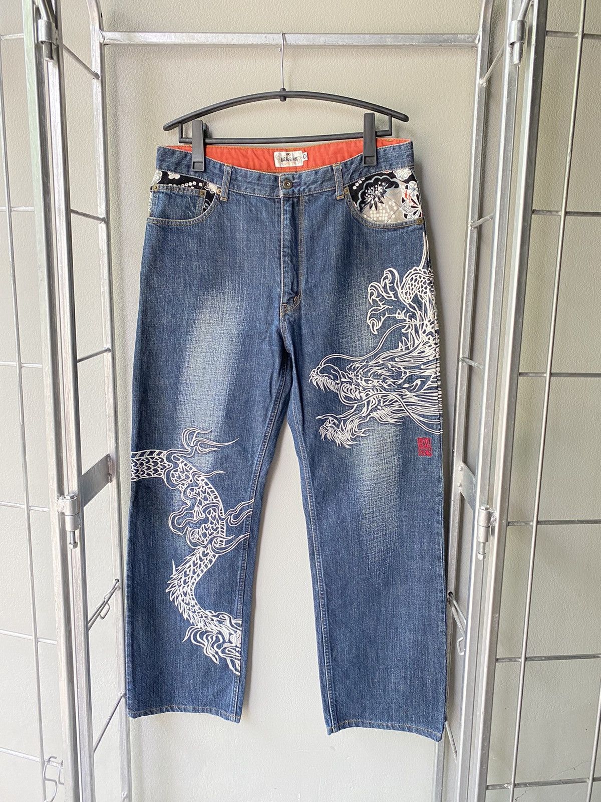 image of Karakuri Tamashii Dragon Embroidery Jeans in Blue, Men's (Size 36)