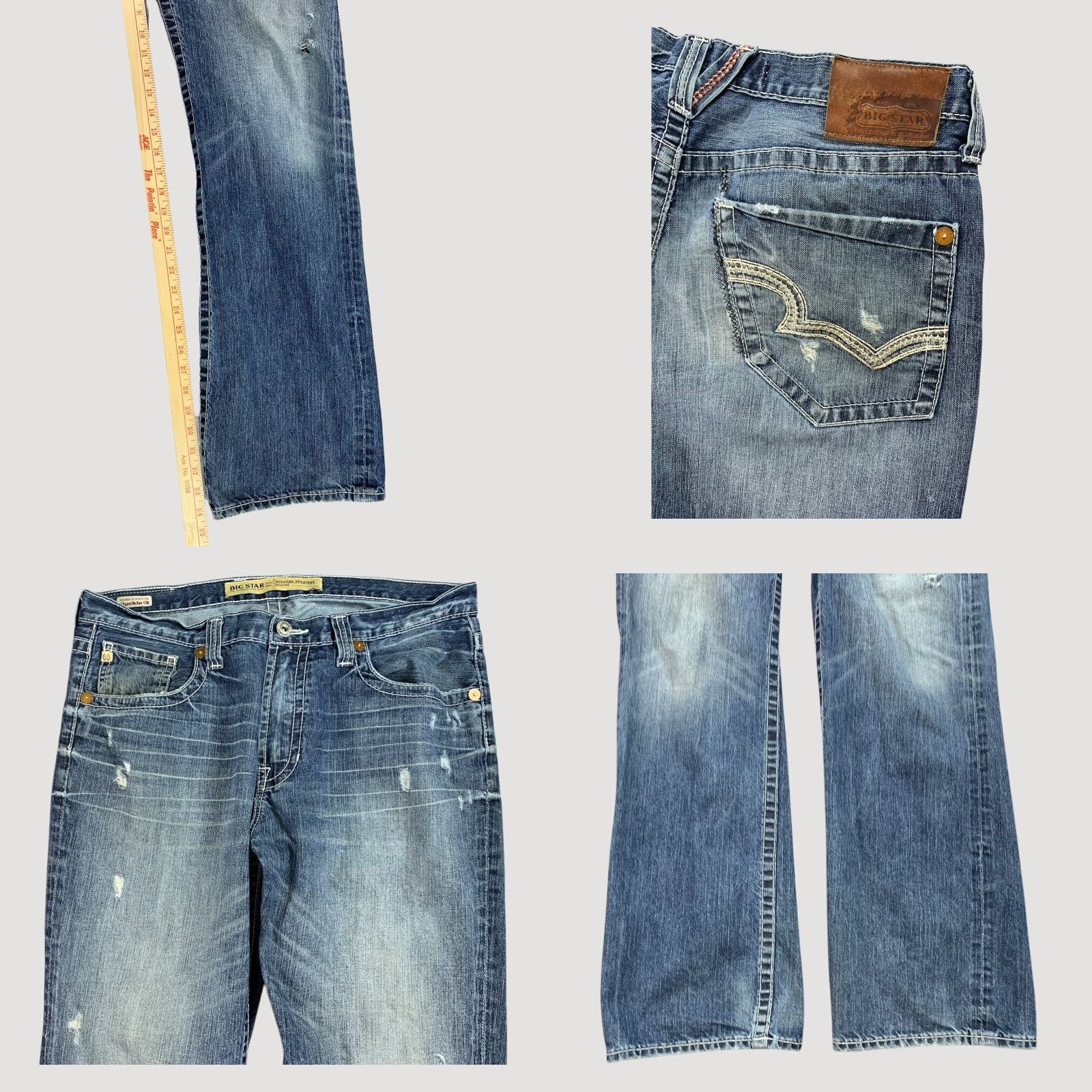 Big Star Jeans Mens 36x32 Blue Voyager Straight Relaxed Distressed Whiskered Jeans Shirt?