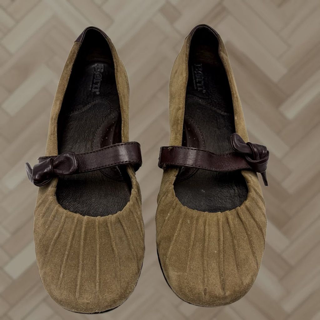 Born Born Womens 9 Brown Leather Mary Jane Flats Ruched Bow Strap Slip On Loafer Size US 7 / IT 37 - 1 Thumbnail