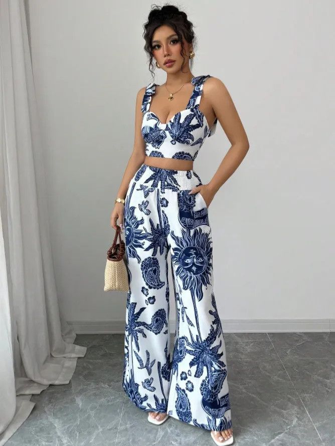 Other Sexy V-neck Strap Vest Loose Crop Top With Wide Leg Pants Size L / US 10 / IT 46 - 5 Thumbnail