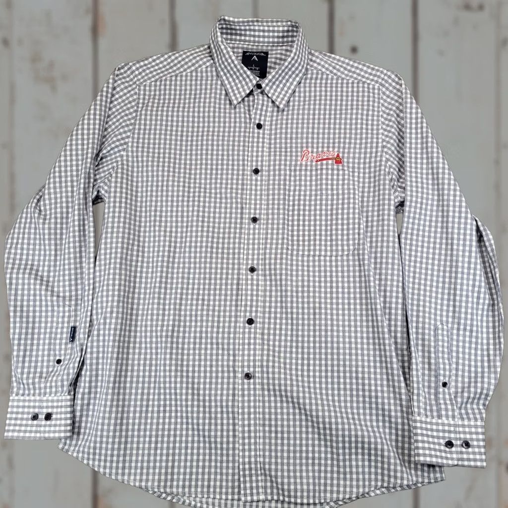 MLB Antigua Mens Atlanta Braves MLB Gingham Button Down Shirt Grey White Large L Size US L / EU 52-54 / 3 - 1 Thumbnail
