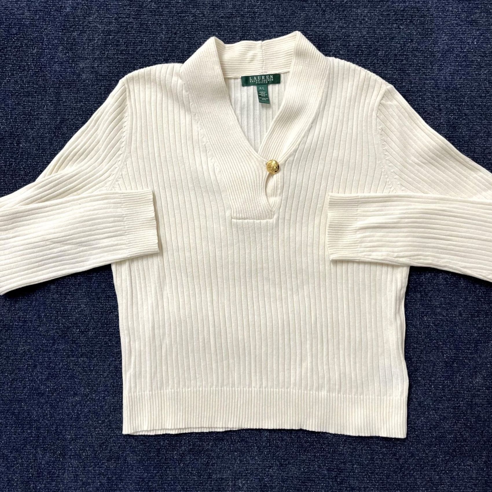 Ralph Lauren VINTAGE Lauren Ralph Lauren Sweater Womens Petite Large White Ribbed Shawl Collar Cotton Size L / US 10 / IT 46 - 2 Thumbnail