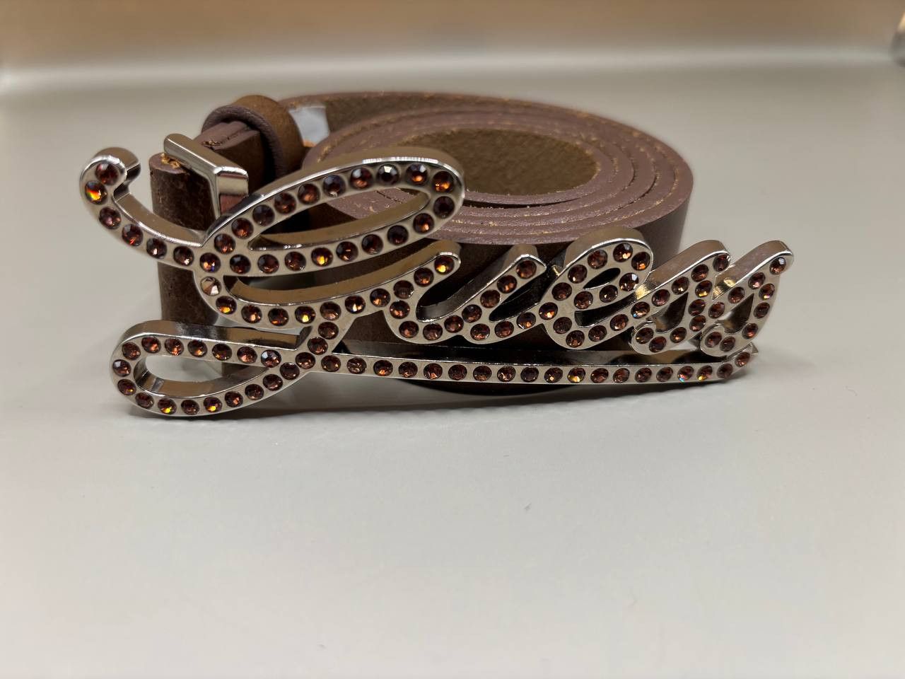 Guess GUESS Brown Leather Rhinestone Logo Belt Size S Size ONE SIZE - 3 Thumbnail