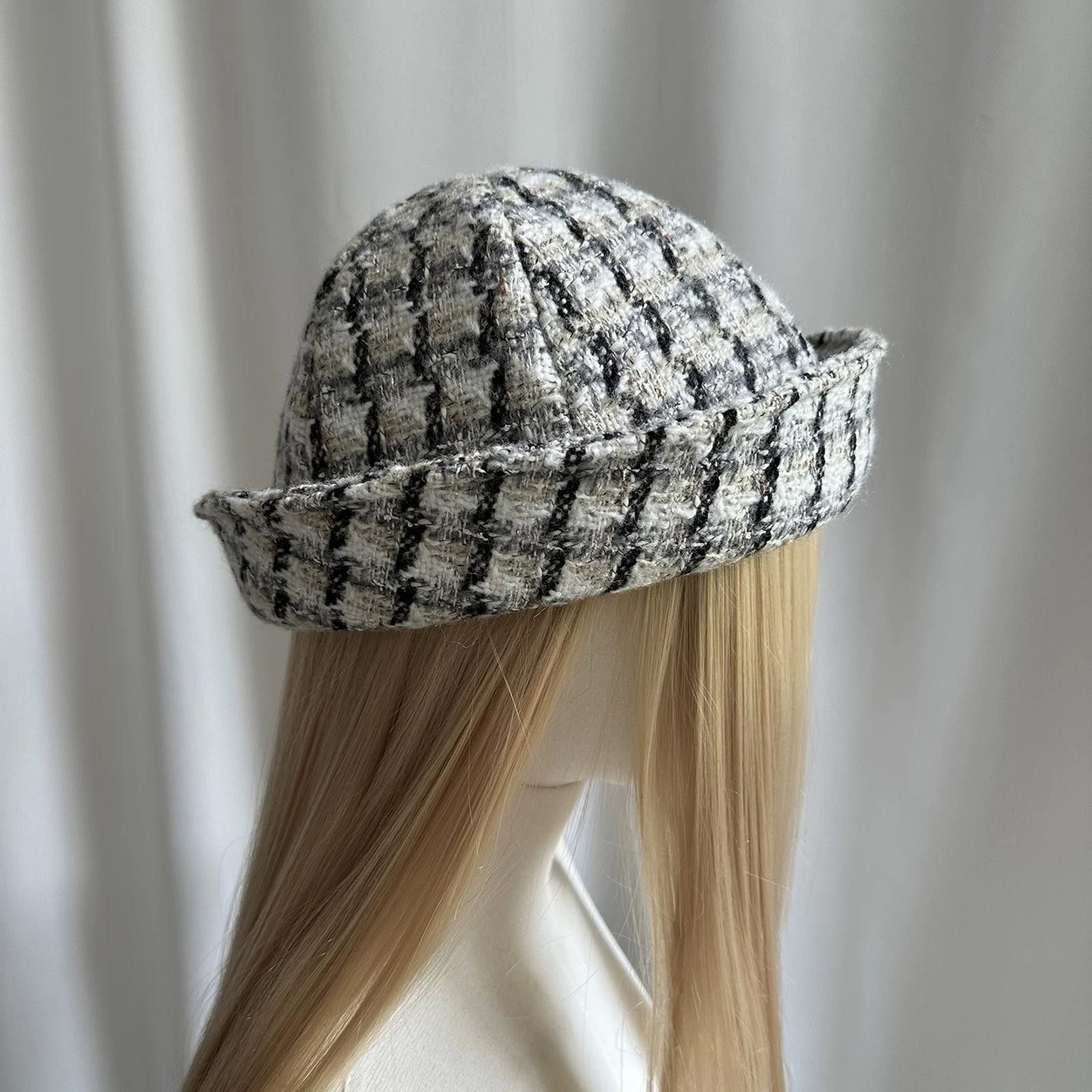 Japanese Brand Monochrome Tweed Beret Sailor Hat Y2K French Girl Aesthetic Size ONE SIZE - 5 Thumbnail