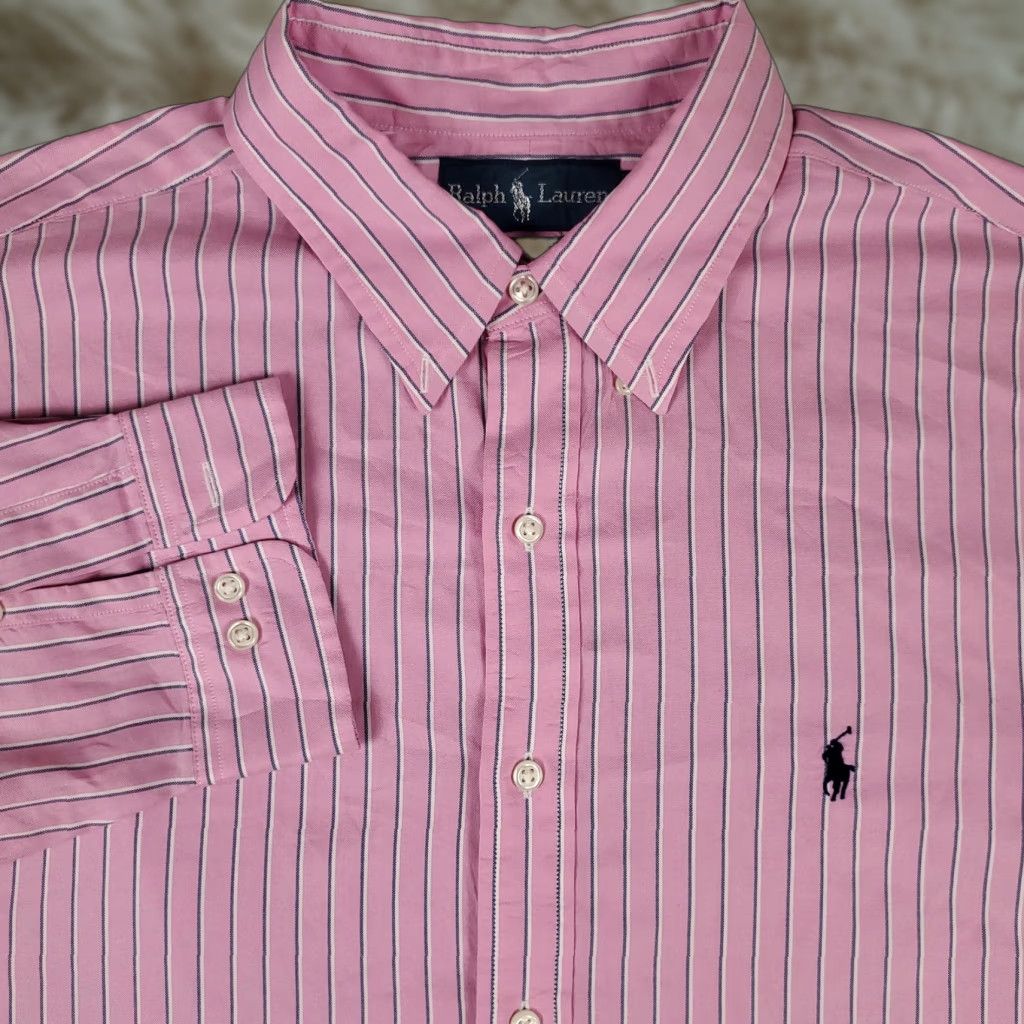 Ralph Lauren VINTAGE Ralph Lauren Men's Dress Shirt Long Sleeve 17 Pink Striped Classic Fit Business Preppy Size 46R - 1 Thumbnail
