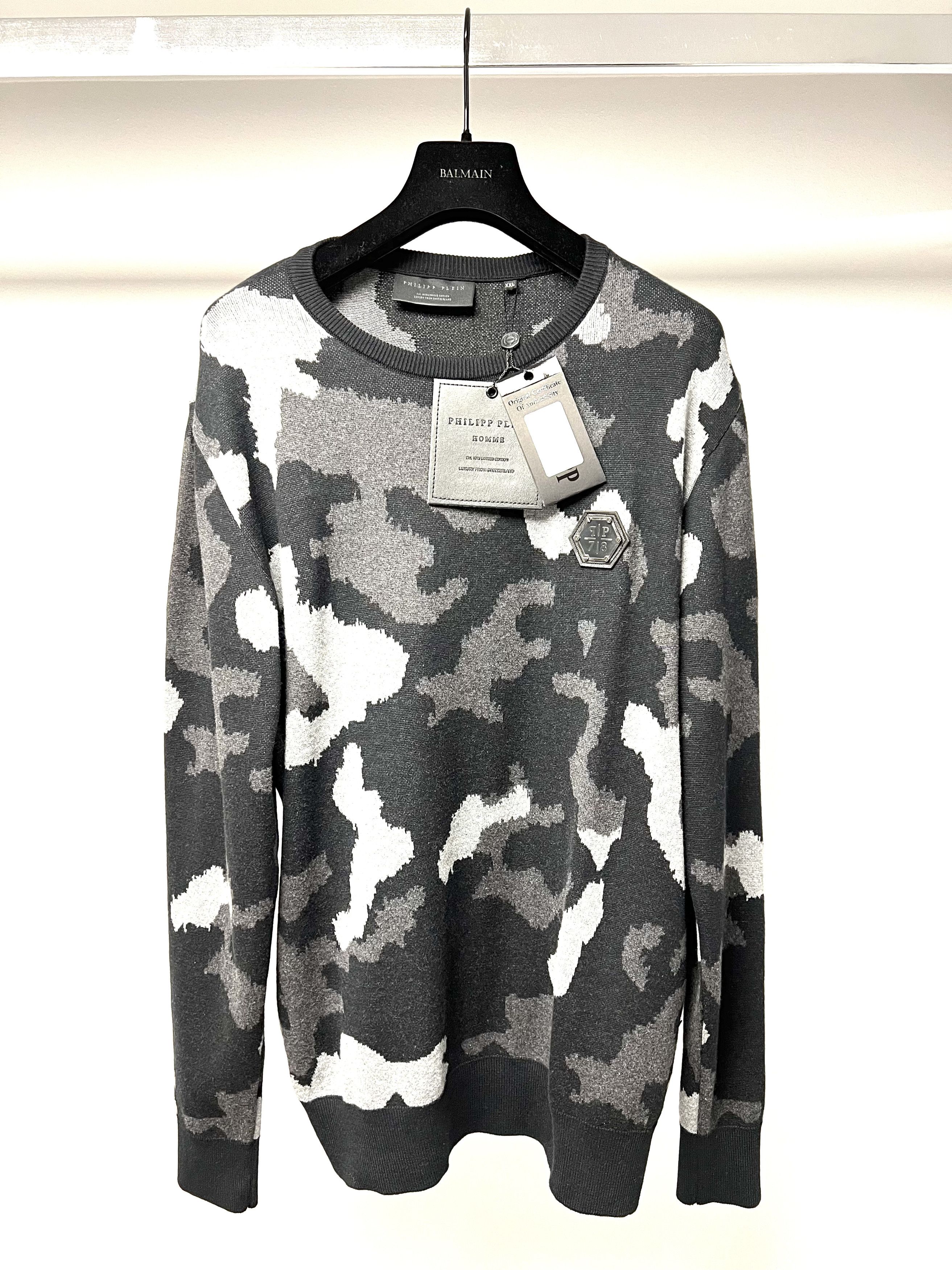 image of Nwt, Philipp Plein Mens Crew Neck Sweater, Camouflage Grey in Camouflage/Grey (Size 2XL)