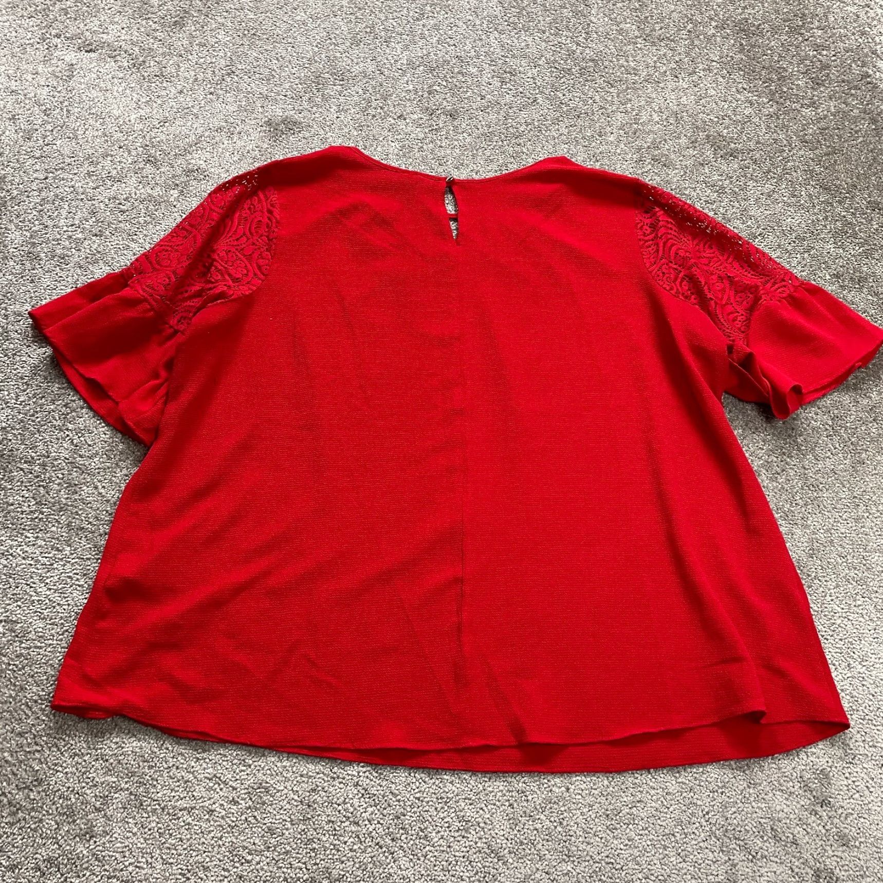 Vintage Cato Blouse Shirt Women 2XL Red Keyhole Neck Bell Sleeve Lace Stretch Casual Top Size XXL / US 16-18 / IT 52-54 - 2 Thumbnail