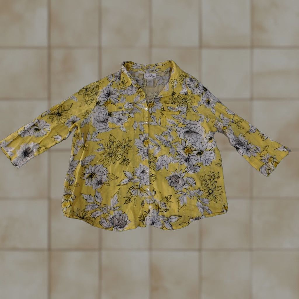 Vintage Alfred Dunner Shirt Womens Large Yellow Floral Metallic 3/4 Sleeve Button Up Size L / US 10 / IT 46 - 1 Thumbnail