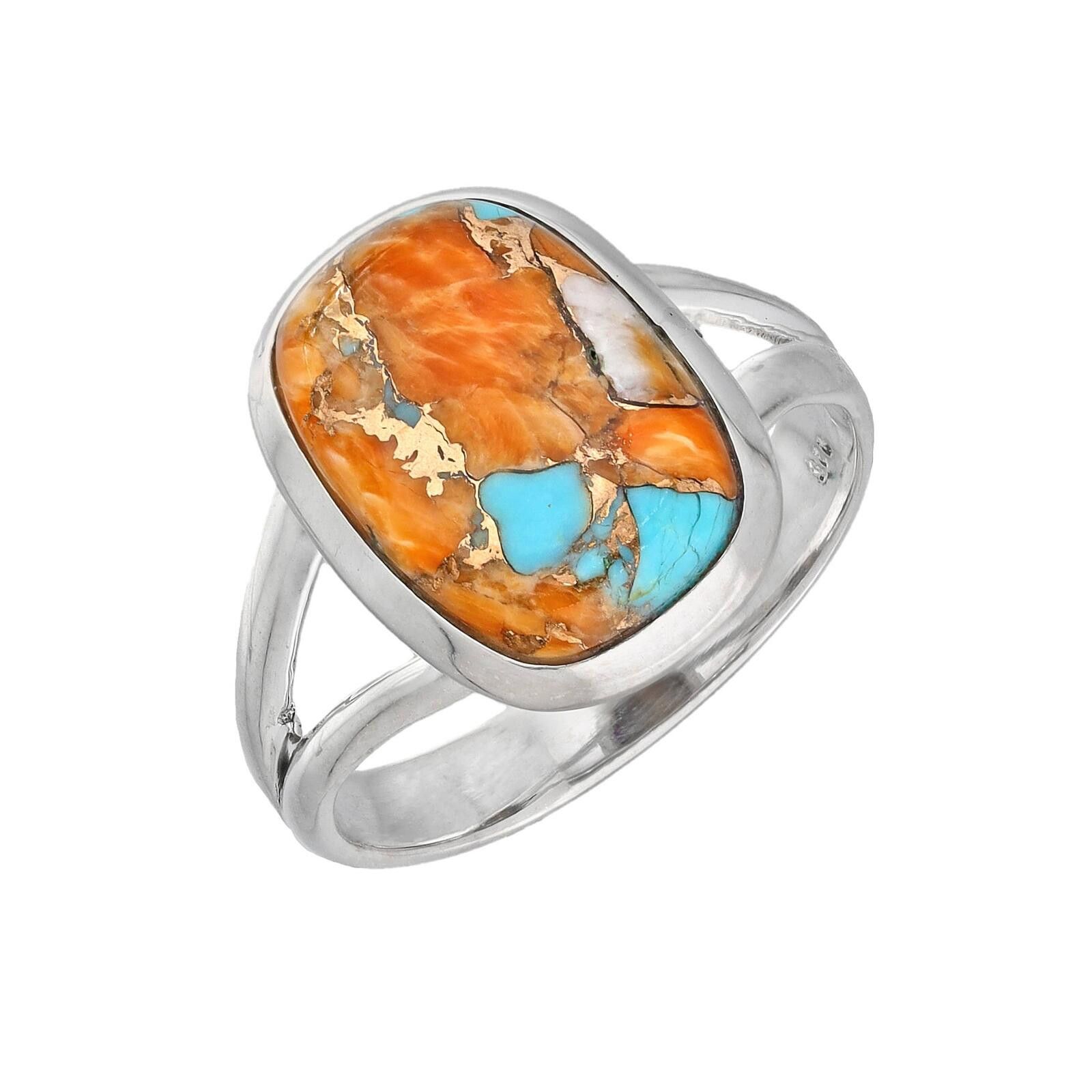 The Unbranded Brand Sterling Silver Orange and Turquoise Stone Ring Size 7 Size ONE SIZE - 2 Thumbnail