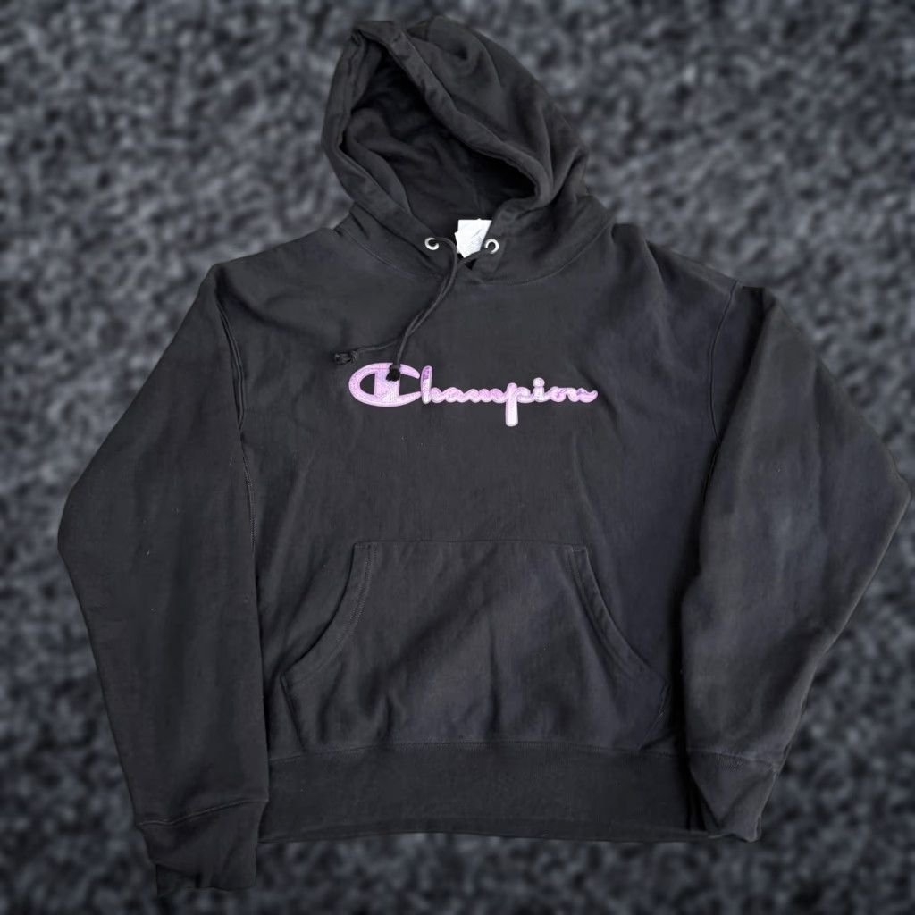 Champion Champion Hoodie Womens Large Black Script Logo Fleece Reverse Weave Size L / US 10 / IT 46 - 1 Thumbnail
