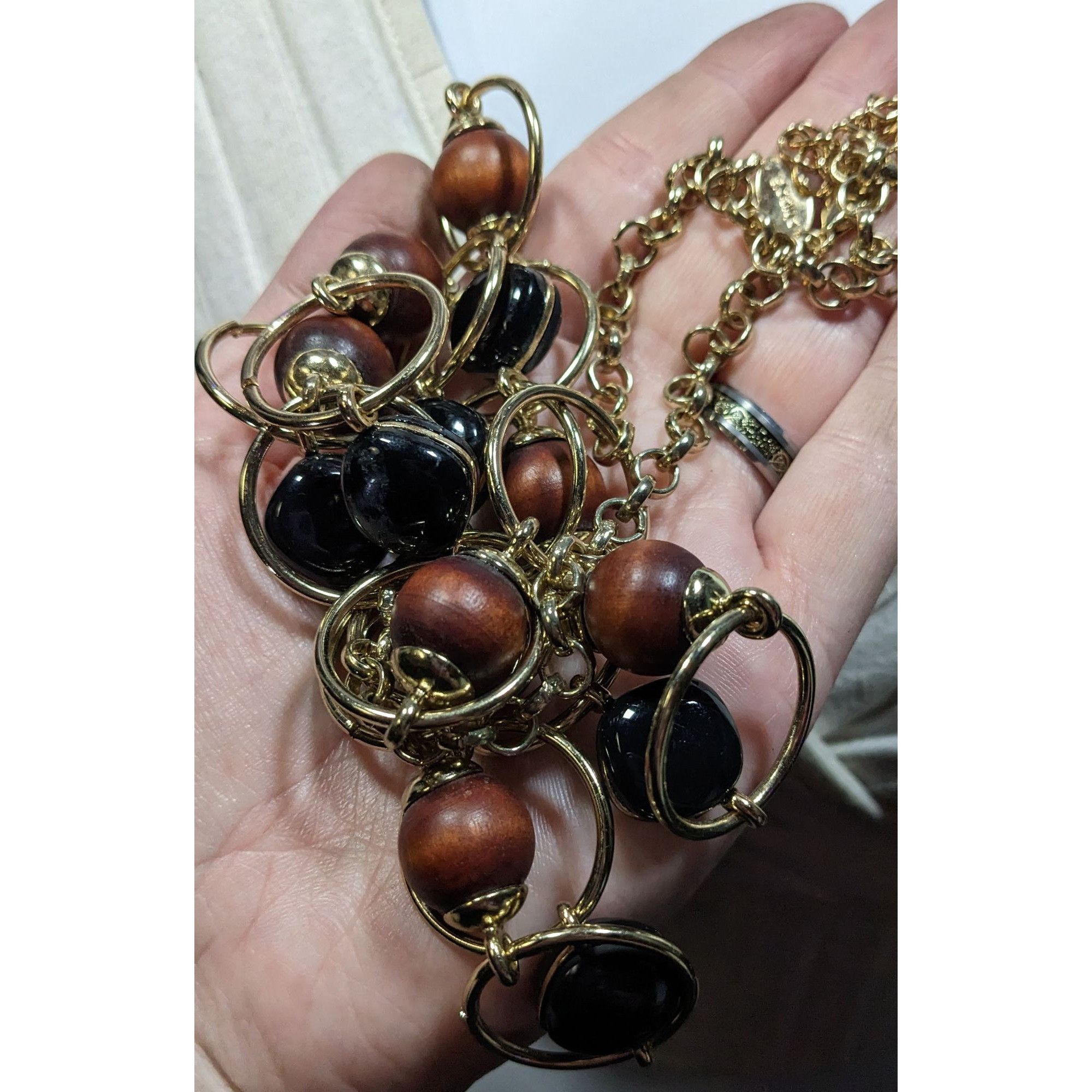 Chicos Chico's Brown And Black Beaded Gold Tone Ring Link Necklace Size ONE SIZE - 5 Thumbnail