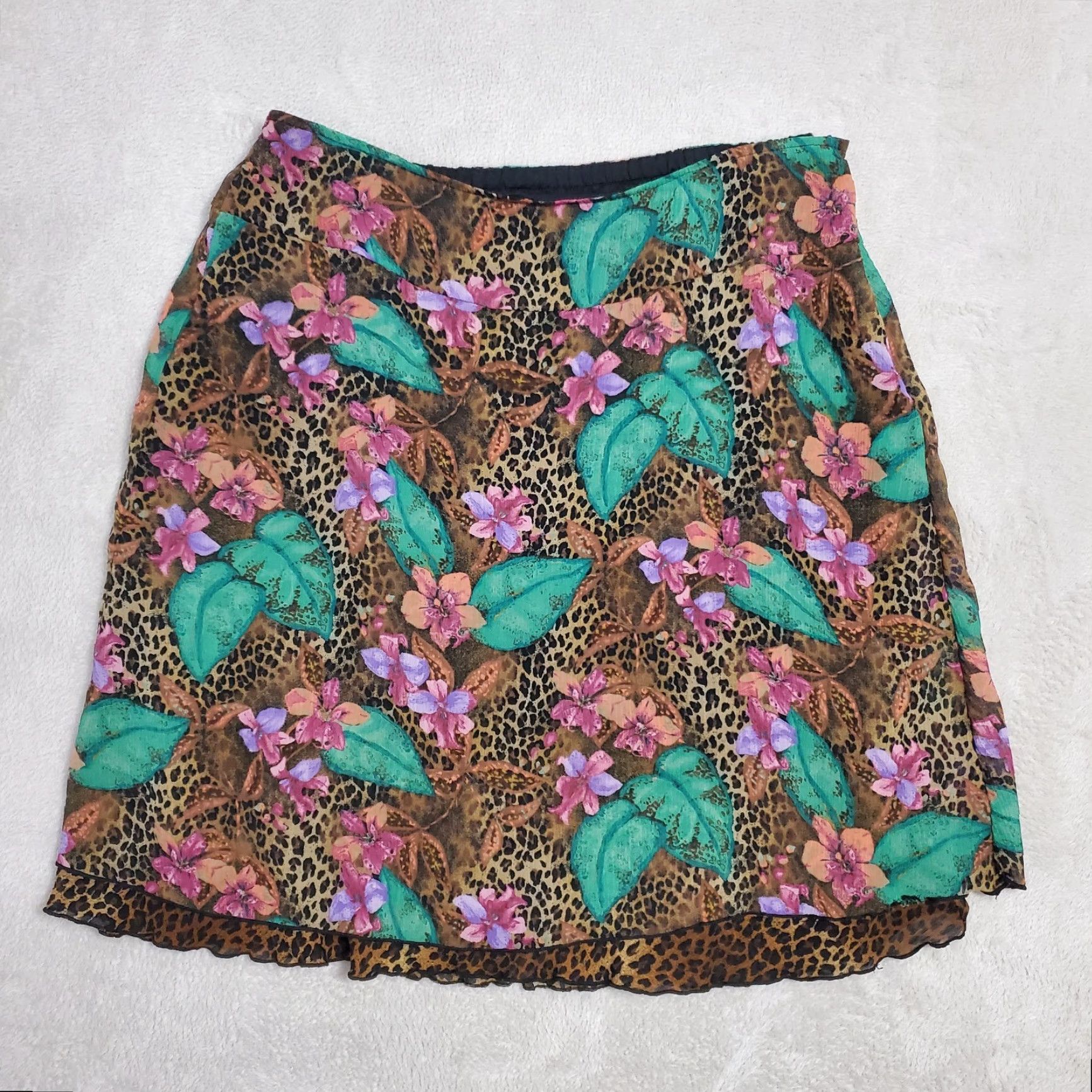 Vintage RQT Skirt Women L Brown Animal Tropical Floral Print A-Line Side Zip Lined FLAW Size 36" / US 14 / IT 50 - 2 Thumbnail