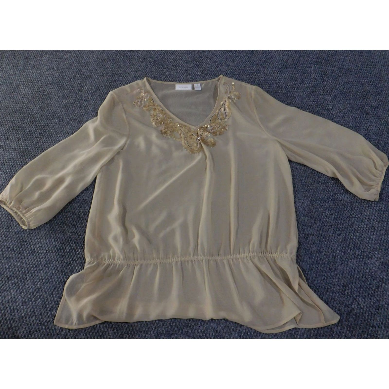 Vintage Chicos Blouse Womens 2 Beige Sheer Embroidered Ruffle Hem Tunic Shirt Long Sleeve V-Neck Casual Knit Polyester Regular Modern Boho Size XS / US 0-2 / IT 36-38 - 2 Thumbnail