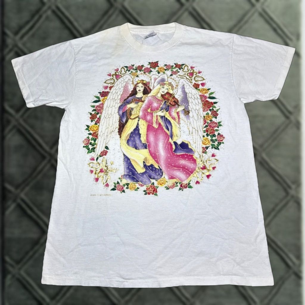Delta VINTAGE 90s Fairy Princess Harp Violin Angels Flower White T-Shirt Adult Medium Size US M / EU 48-50 / 2 - 1 Thumbnail