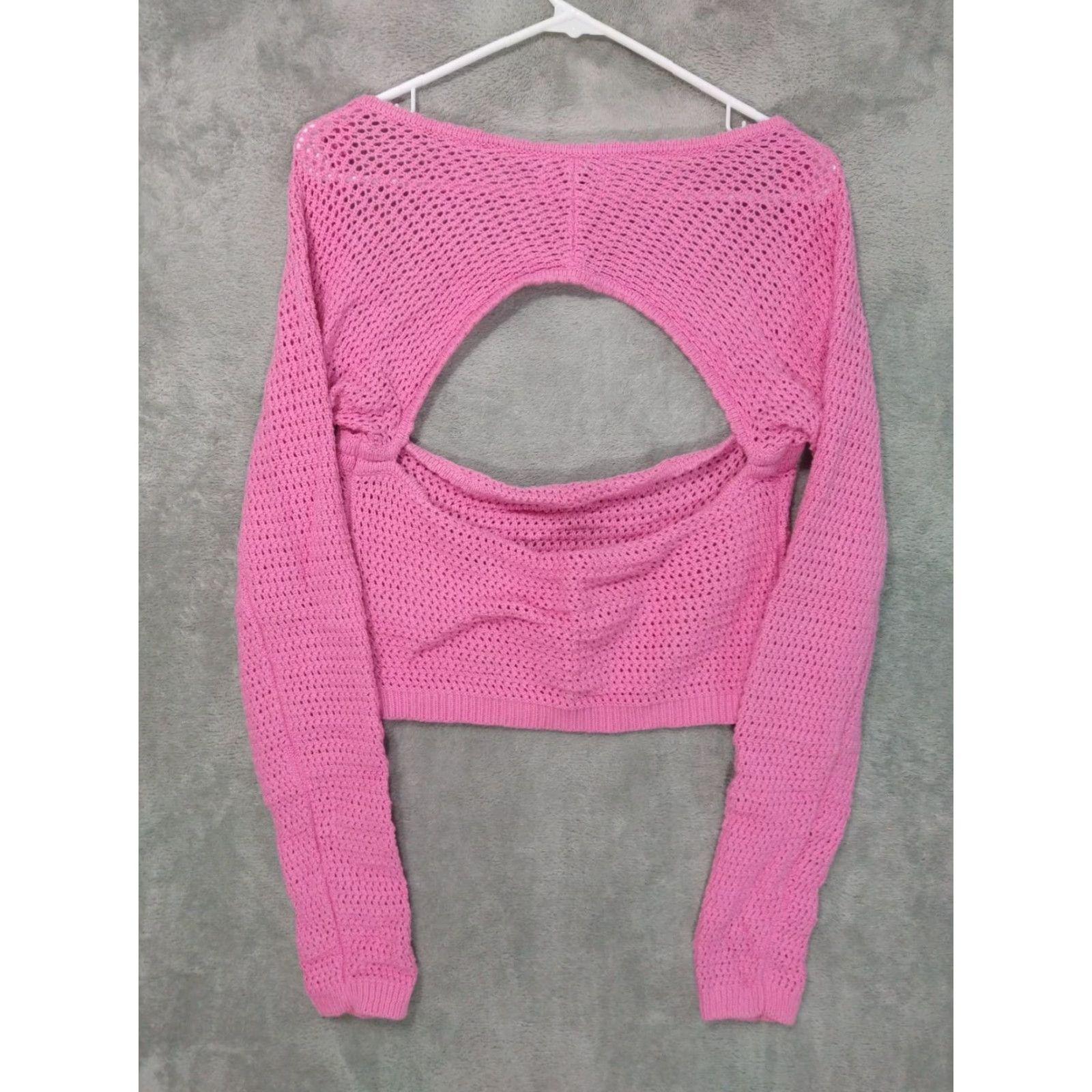 Vintage American Eagle Sweater Womens Large Pink Crop Crochet Cotton Long Sleeve Barbie Size L / US 10 / IT 46 - 2 Thumbnail