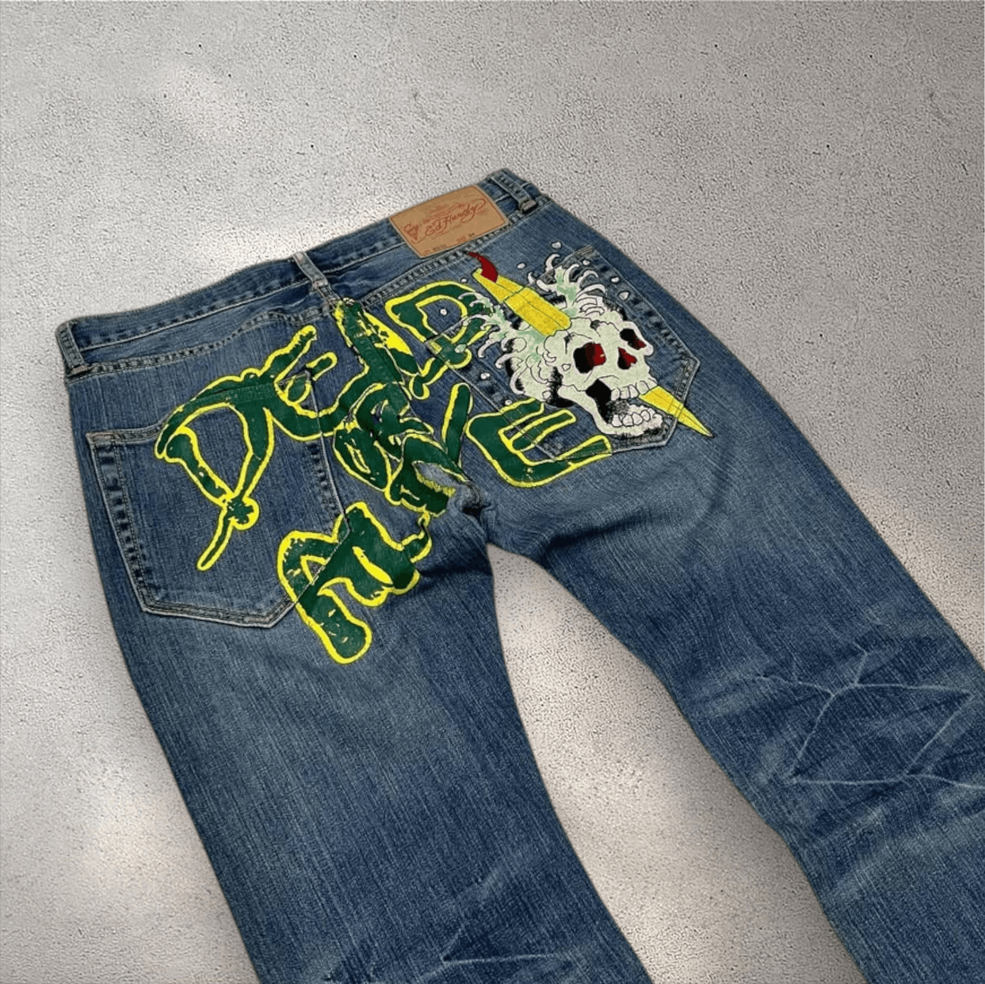 Christian Audigier × Ed Hardy Crazy 💥 Ed Hardy ' DEAD OR ALIVE ' Embroiderd Baggy Denim Size US 36 / EU 52 - 1 Thumbnail