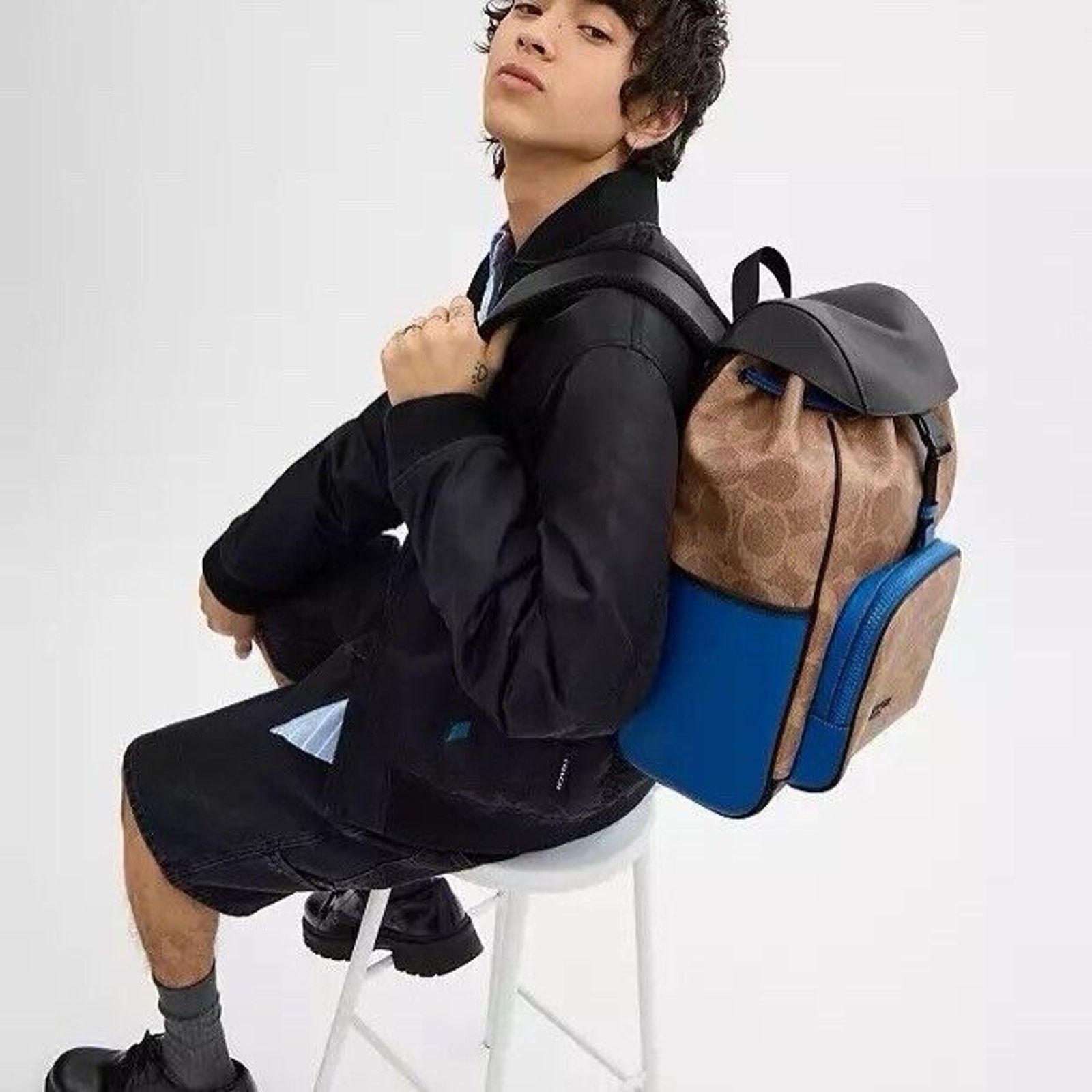 Coach NWT COACH CY775 Racer Backpack Canvas & Leather Tan/Blue Size ONE SIZE - 7 Thumbnail