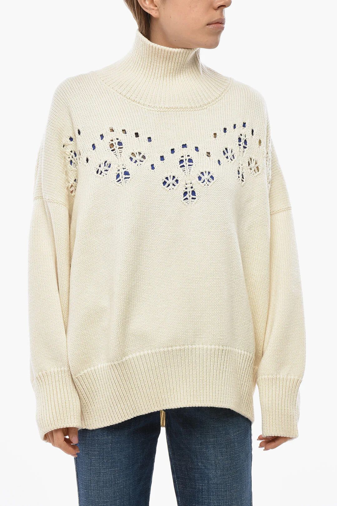 Chloe og1mm0426 High-Neck Wool Openwork Sweater in White Size S / US 4 / IT 40 - 1 Thumbnail