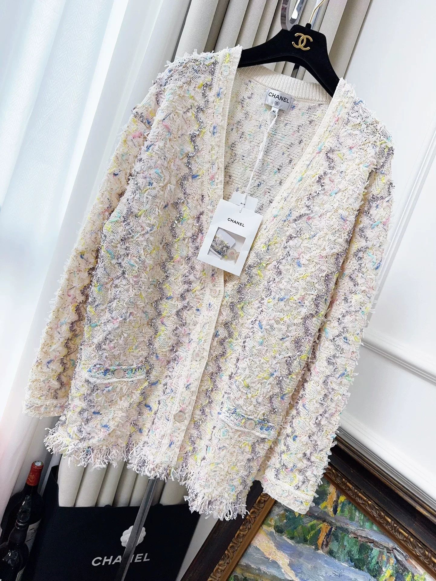 Chanel mid-length cream color fringe cardigan Size US L / EU 52-54 / 3 - 1 Thumbnail