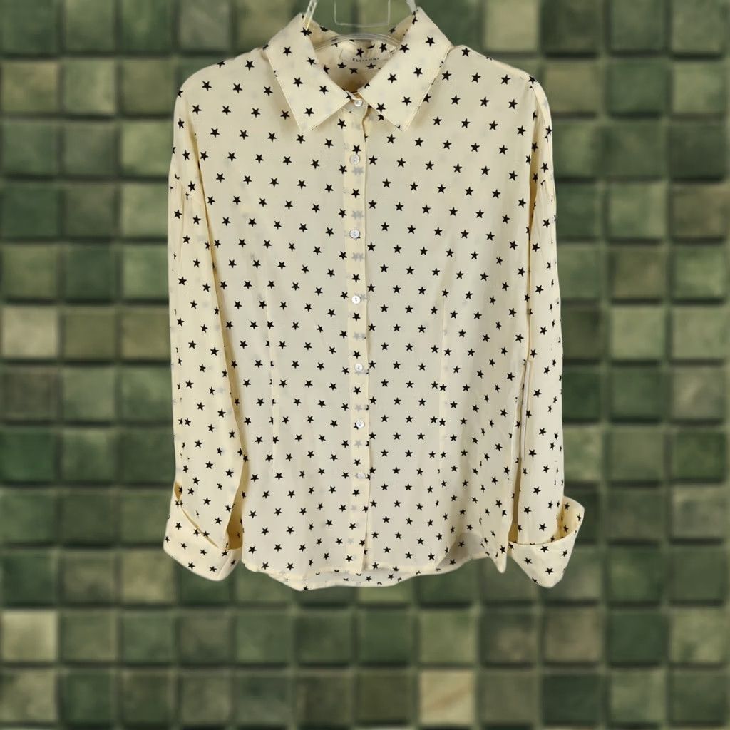 Vintage VINTAGE? No. Ellison Kali Blouse Womens Medium Beige Long Sleeve Polka Dot Star Accents Collared Button NYLON/Rayon Hand Wash Only Regular Fit Size M / US 6-8 / IT 42-44 - 1 Thumbnail