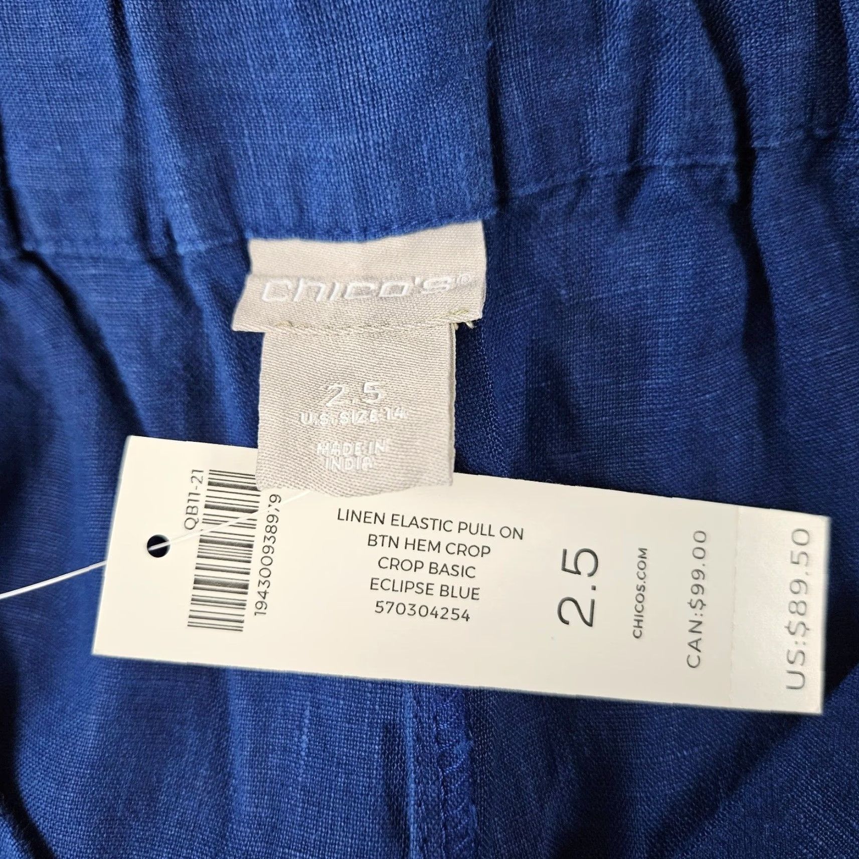 Vintage Chico's Womens Cropped Linen Pants Sz 14 Solid Blue High Rise Pull On Size 36" / US 14 / IT 50 - 7 Thumbnail
