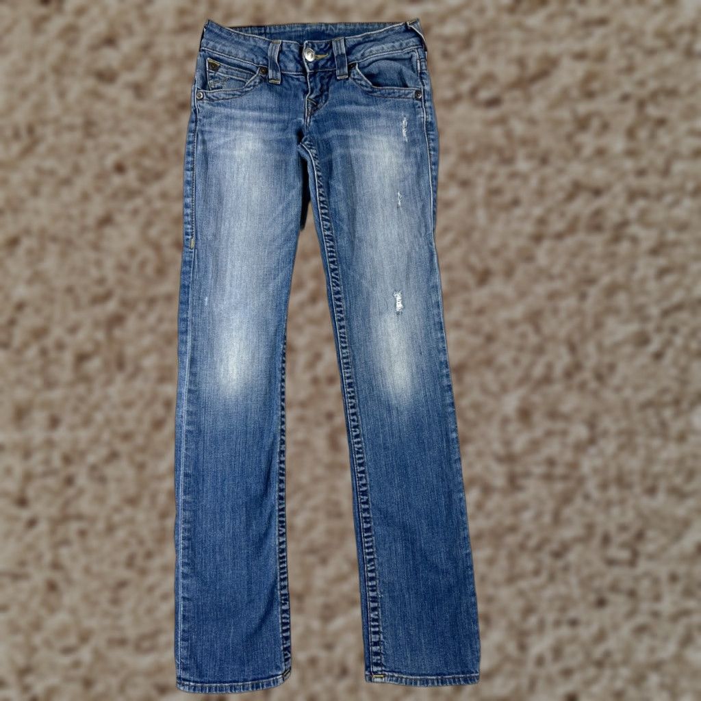 True Religion True Religion Jeans Women 25 Blue Denim Skinny Low 5-Pocket Design Distressed Embroidered Cotton Blend Size 42" / US 20 - 1 Thumbnail