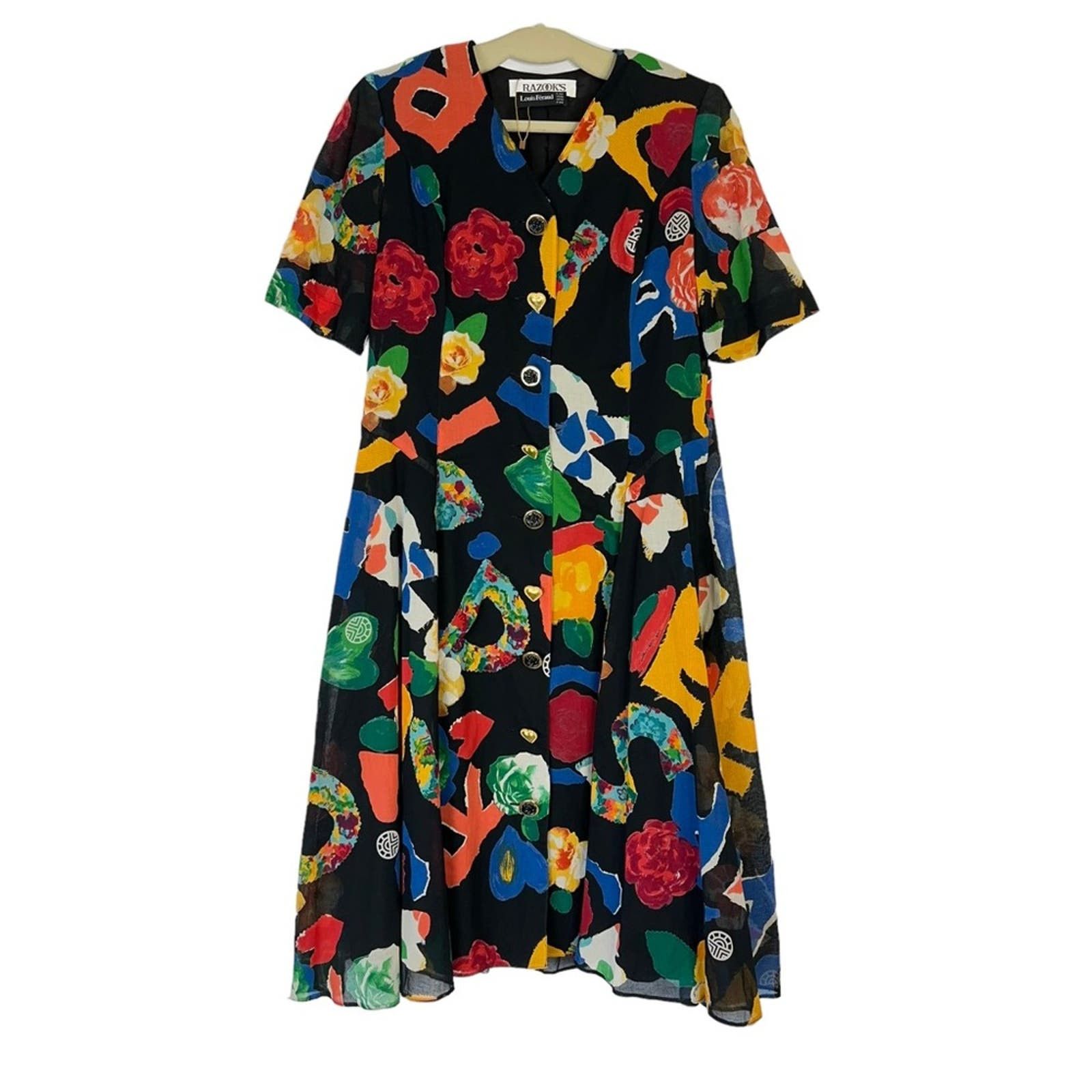 image of Louis Feraud VTG 80's Louis Féraud Letter Abstract Floral Dress Cotton in Black, Women's (Size XL)