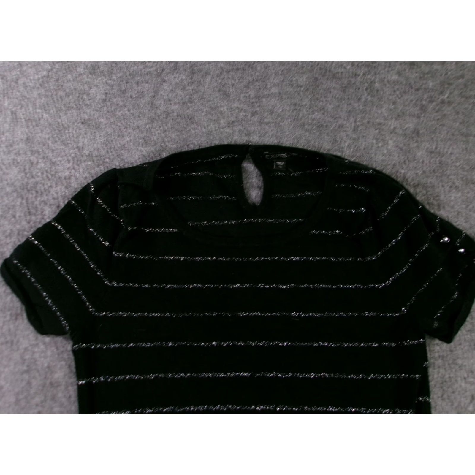 Express Express Knit Top Womens XS Black Metallic Stripe Short Sleeve Keyhole Slim Shirt Womens XS Black Stripe Short Sleeve Keyhole Slim Express Knit Top Size M / US 6-8 / IT 42-44 - 2 Thumbnail