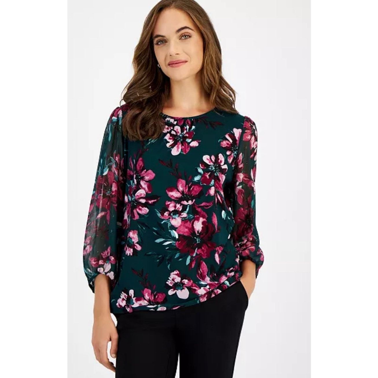 Kasper Kasper Floral Print Blouse Evergreen Multi NWT 2X Size XXL / US 16-18 / IT 52-54 - 1 Thumbnail