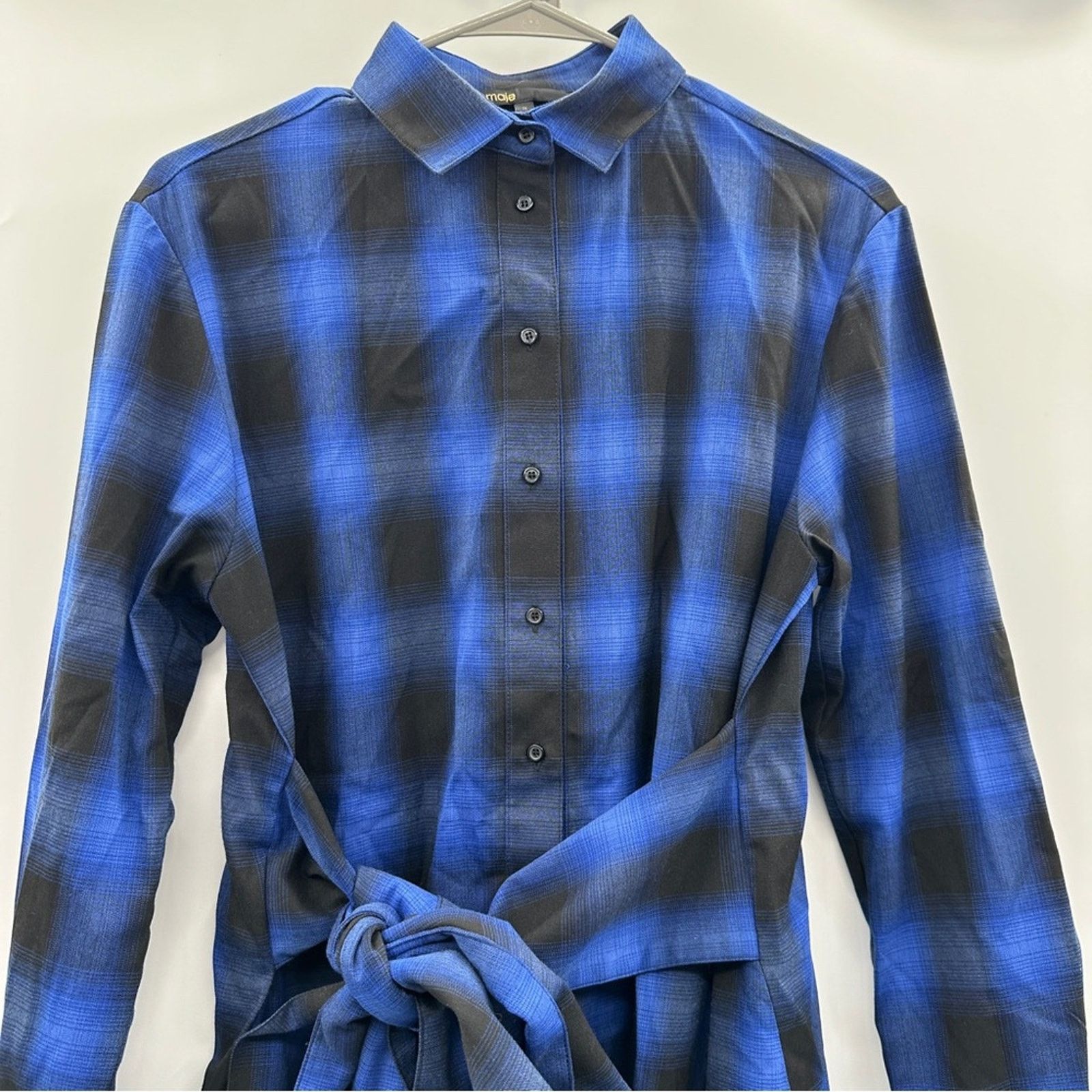 Maje Maje Rulyl Blue & Black Plaid Checkered Tie Front Dress Size L / US 10 / IT 46 - 3 Thumbnail