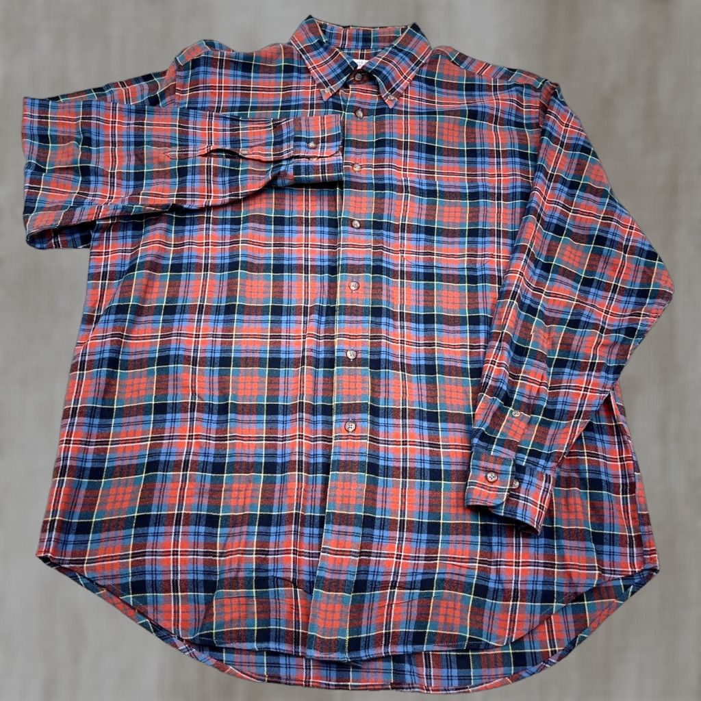Brooks Brothers Brooks Brothers Shirt Men Large Orange Blue Flannel Button Up Plaid 346 Dress Size 42R - 1 Thumbnail