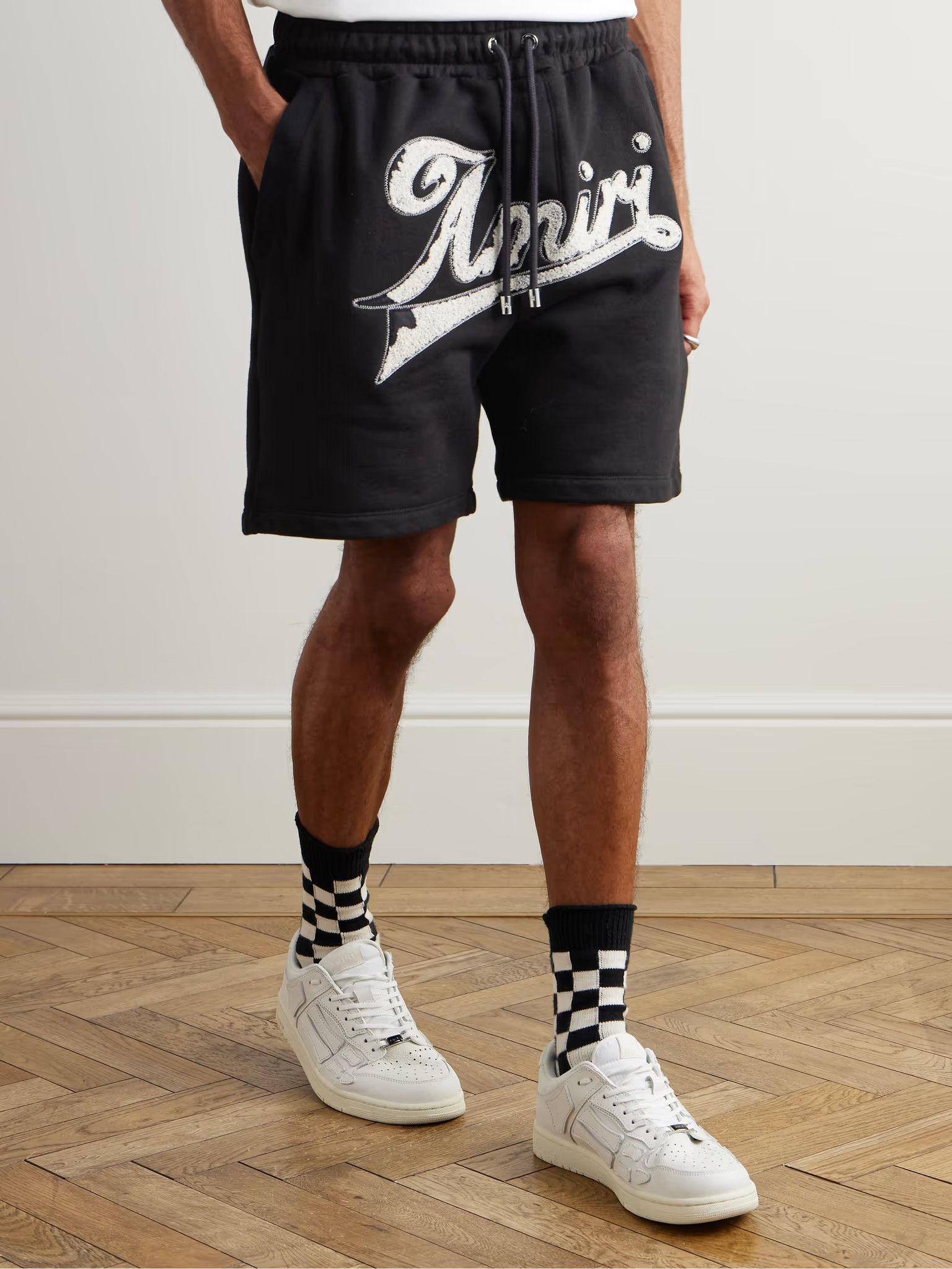Amiri o1s1wg110126 Straight-Leg Logo-Flocked Shorts in Black Size US 34 / EU 50 - 3 Thumbnail