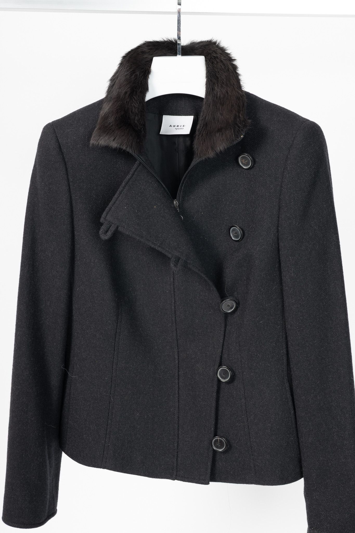Akris Akris Punto Wool Herringbone-Flannel Fur-Collar Jacket Size L / US 10 / IT 46 - 3 Thumbnail