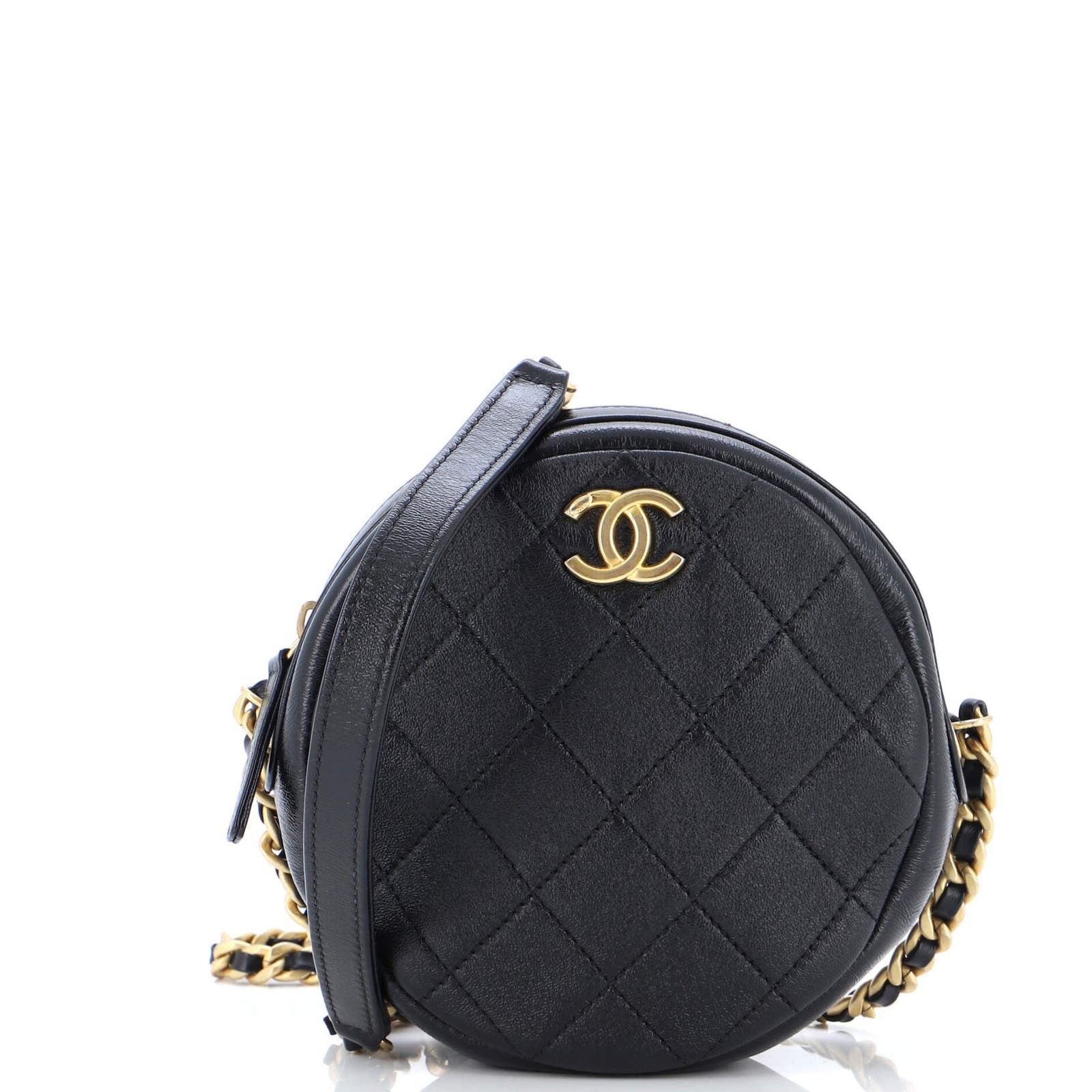 image of Chanel Round Clutch With Chain Quilted Glazed Calfskin None in Black, Women's