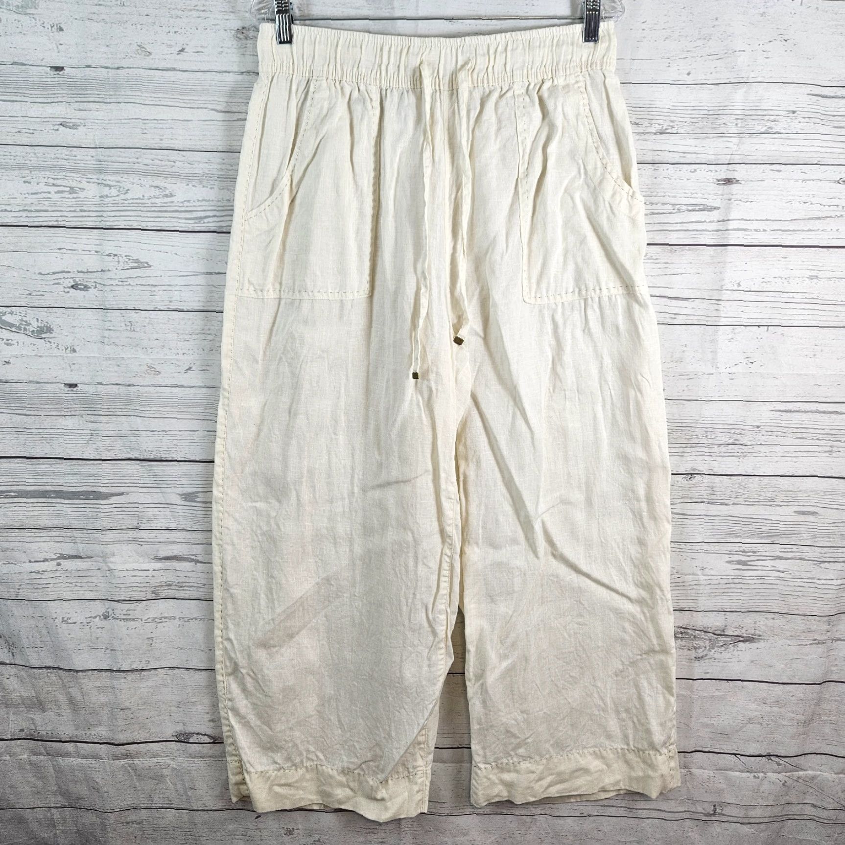 Vintage Calypso St Barth Womens Cropped Linen Pants L Ivory High Rise Wide-Leg Size 36" / US 14 / IT 50 - 2 Thumbnail