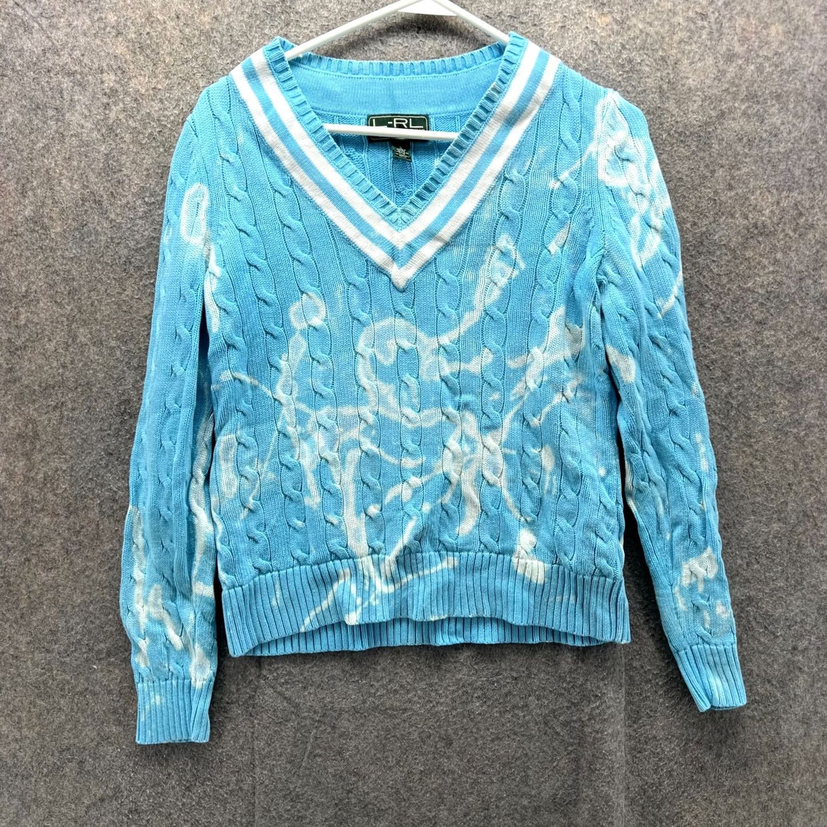 Ralph Lauren VINTAGE Lauren Ralph Lauren Sweater Women Small V-Neck Cable-Knit Blue LRL Fleece Geometric Pattern Size S / US 4 / IT 40 - 2 Thumbnail