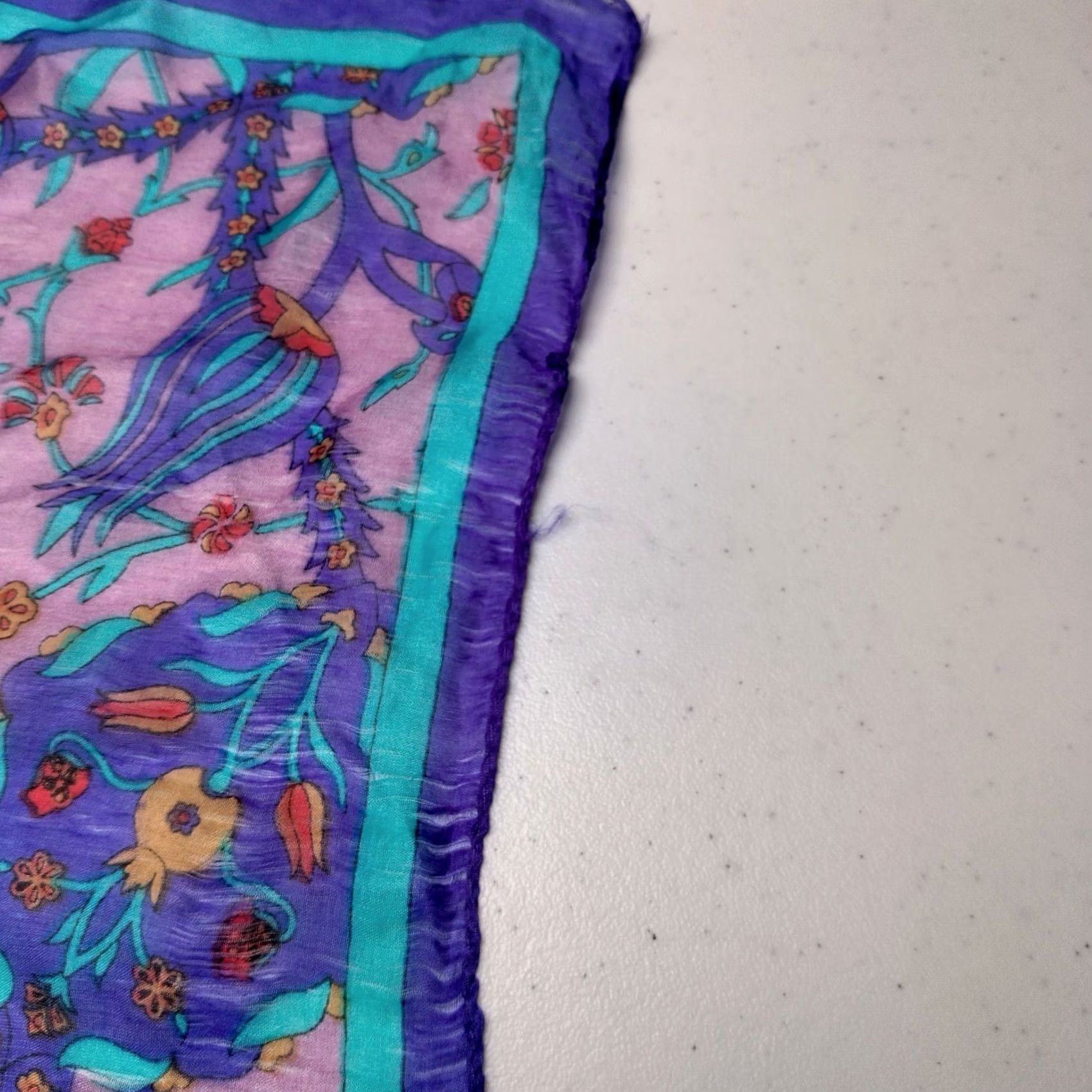 Vintage VINTAGE Scarf Purple Blue Gold Floral Medallion Rectangle Distressed Silk 18.5x67" READ Womens Size ONE SIZE - 6 Thumbnail