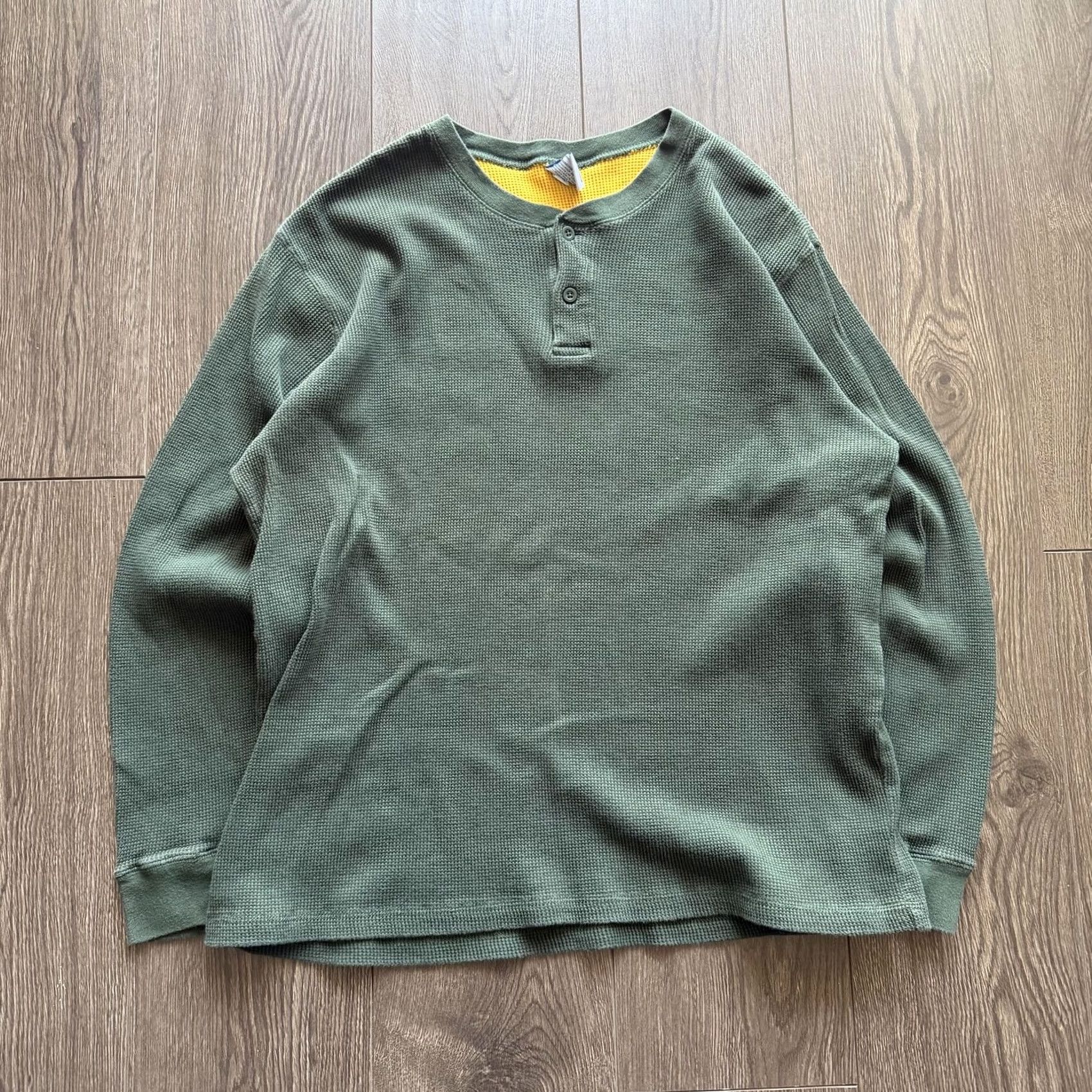 Old Navy Old Navy Mens Thermal Henley Shirt Waffle Knit Long Sleeve 2XL Green Size US XXL / EU 58 / 5 - 3 Thumbnail