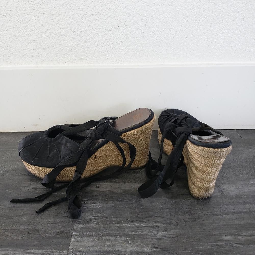 Designer Black Wrapped Up Ellemenno Wedge Sandal Size US 7 / IT 37 - 1 Thumbnail
