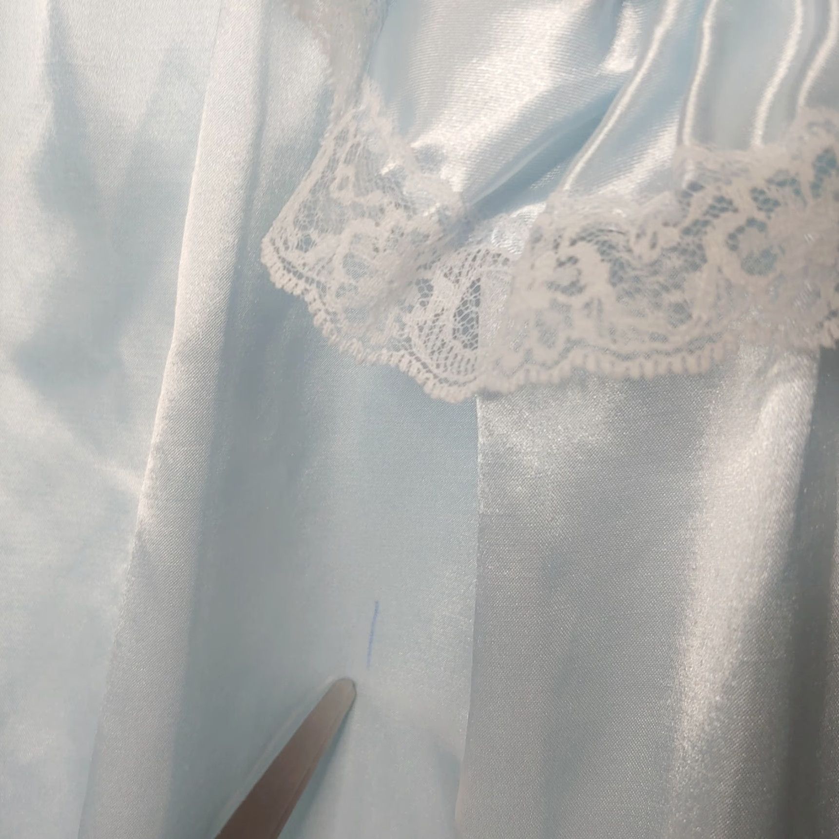 Vintage VINTAGE Nicole Gown M Nightgown Blue Shimmer Lace Trim Ruffled 1/2 Sleeve USA ILGWU Size ONE SIZE - 5 Thumbnail