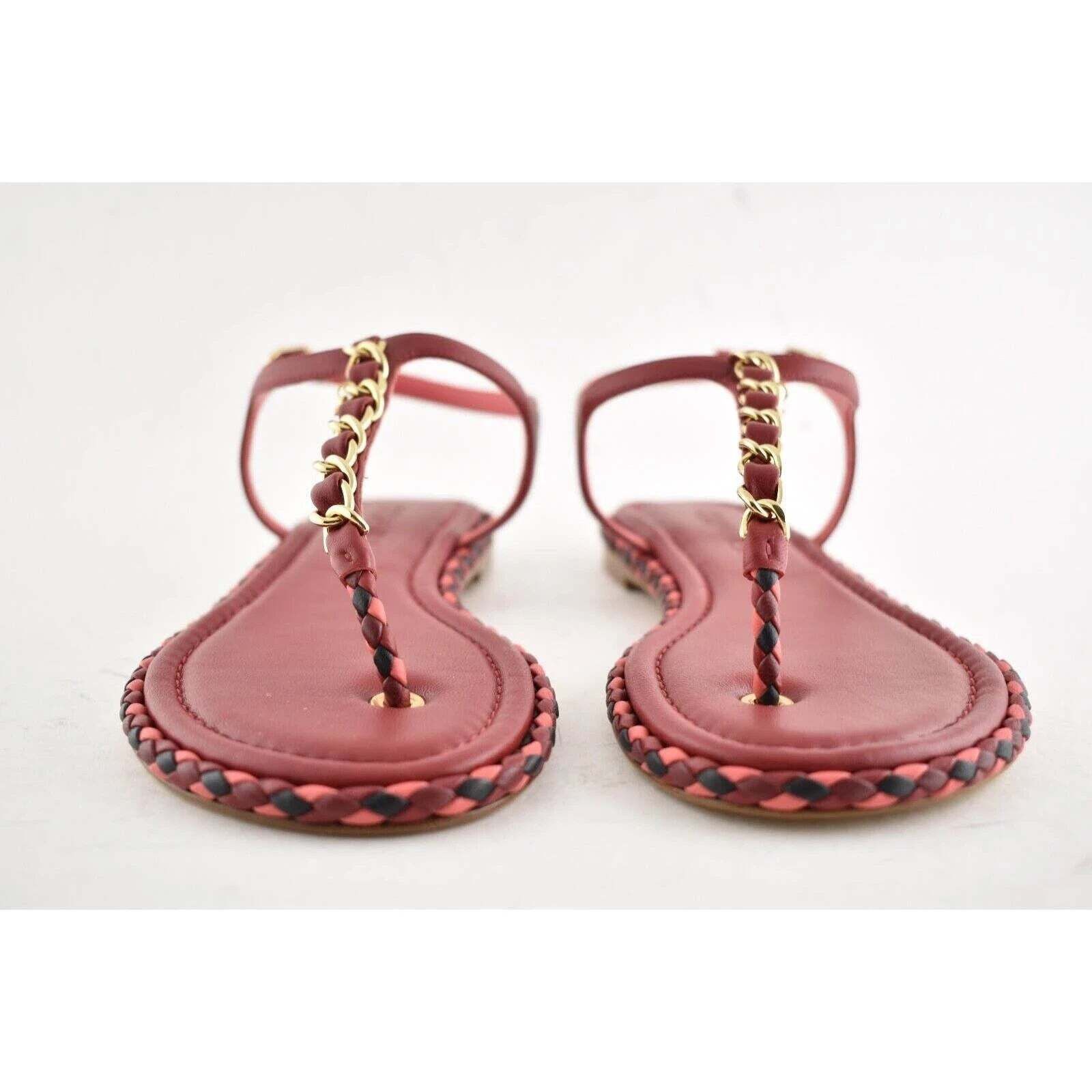 Chanel Chanel Red Braided Gold CC Logo Chain Thong Ankle Strap Size US 6 / IT 36 - 4 Thumbnail